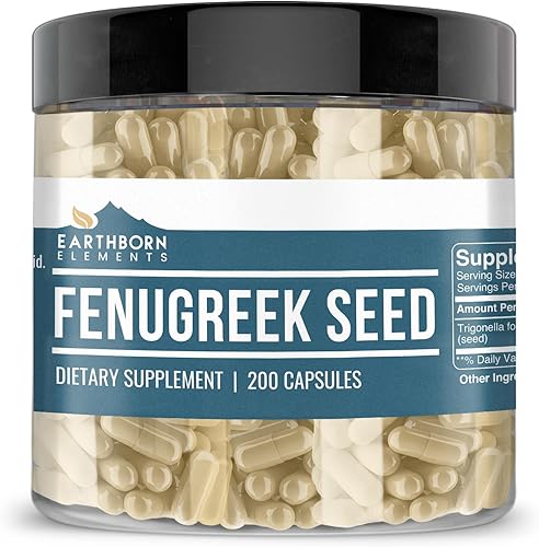 Earthborn Elements Semilla de fenogreco 200 cápsulas, pura y sin diluir, sin aditivos