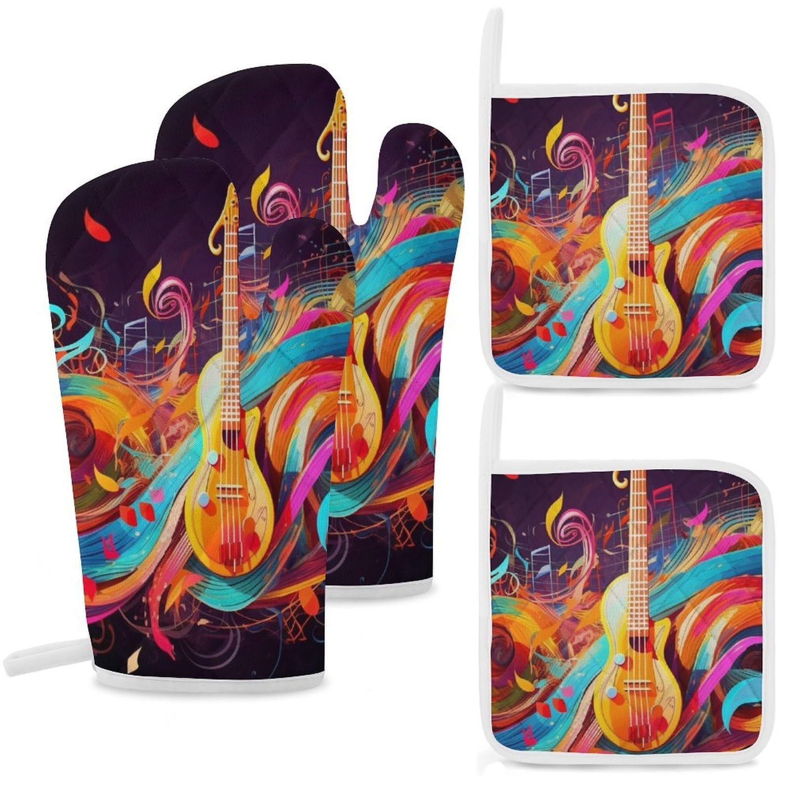 Oven Mitts and Pot Holders Set of 4 Heat Resistant Non-Slip Kitchen Gloves Hot Pads Colorful Musical Mittens Gloves Non-Slip Potholders for Cooking Baking Grilling BBQ