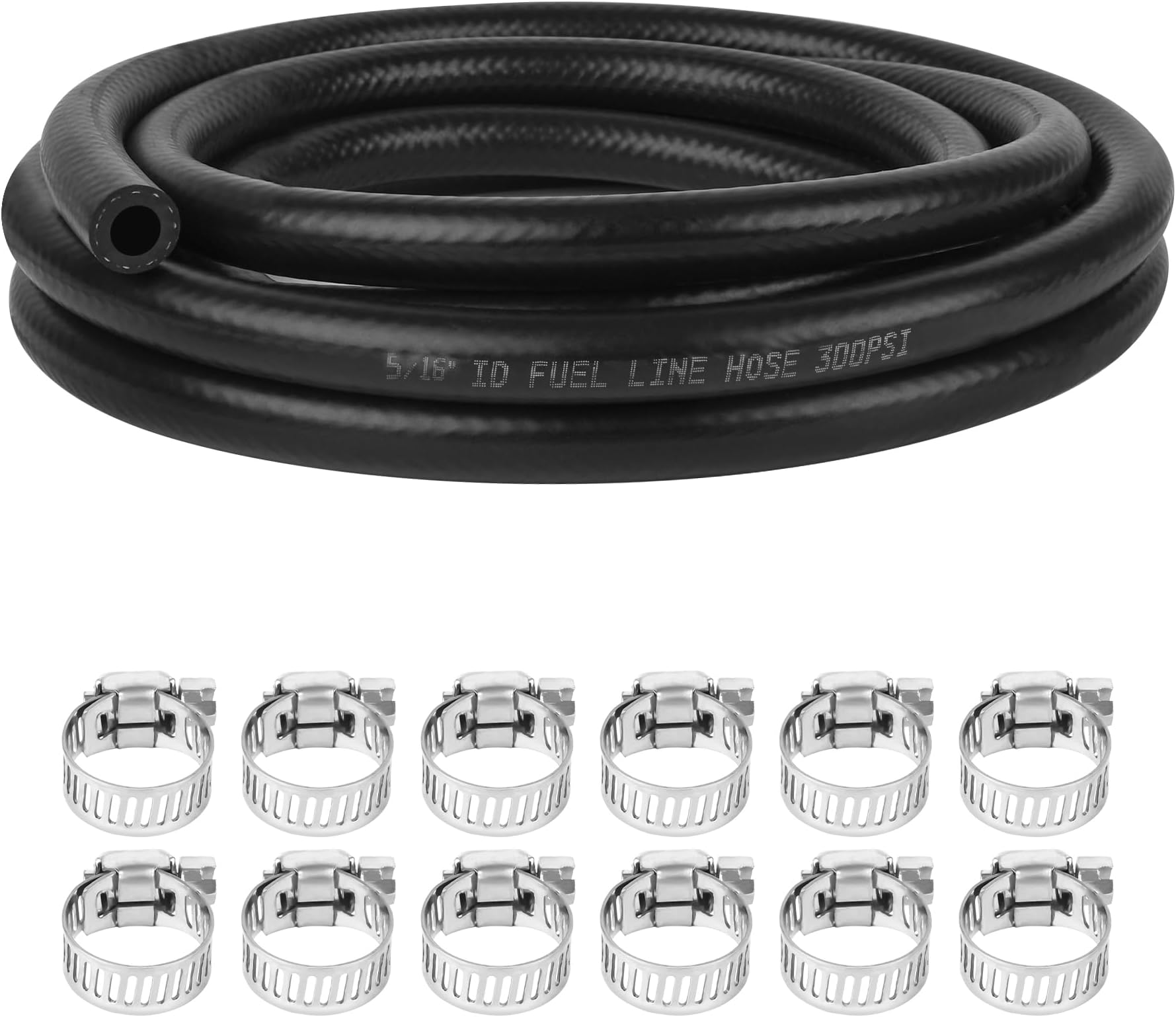 5/16 Inch (8mm) ID Fuel Line Hose 10FT NBR Rubber Push Lock Hose High Pressure 300PSI for Automotive Fuel Systems Engines with 12 Clamps