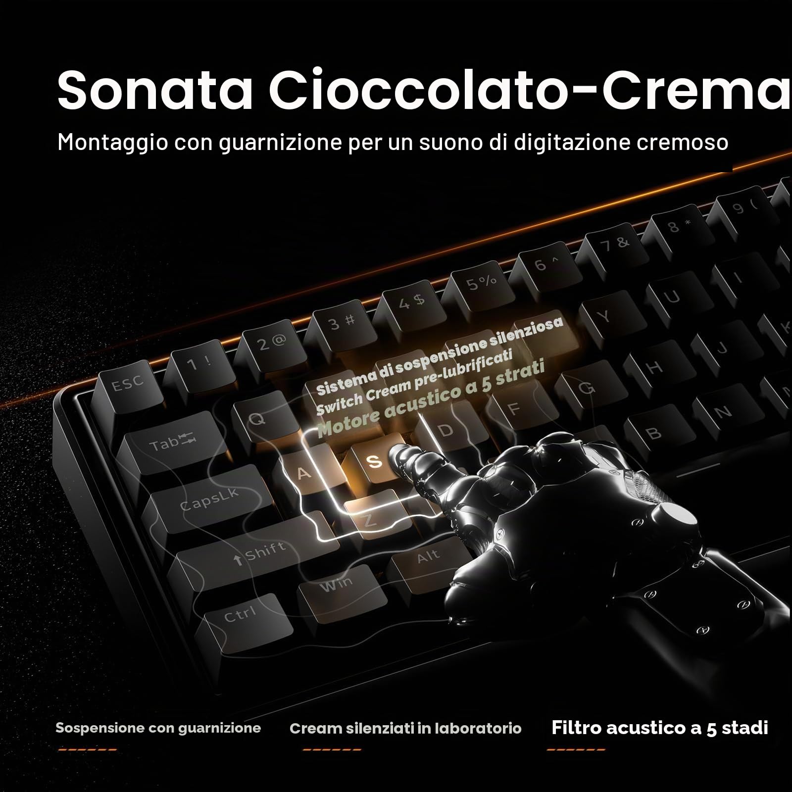 Dierya DK68E Tastiera Gaming, 60% Tastiera Meccanica Gasket con Manopola,Hot-Swap RGB, Compatta 66 Tasti Anti-Ghosting, Layout QWERTY-US (Nero, Interruttori Lineari Creamy)