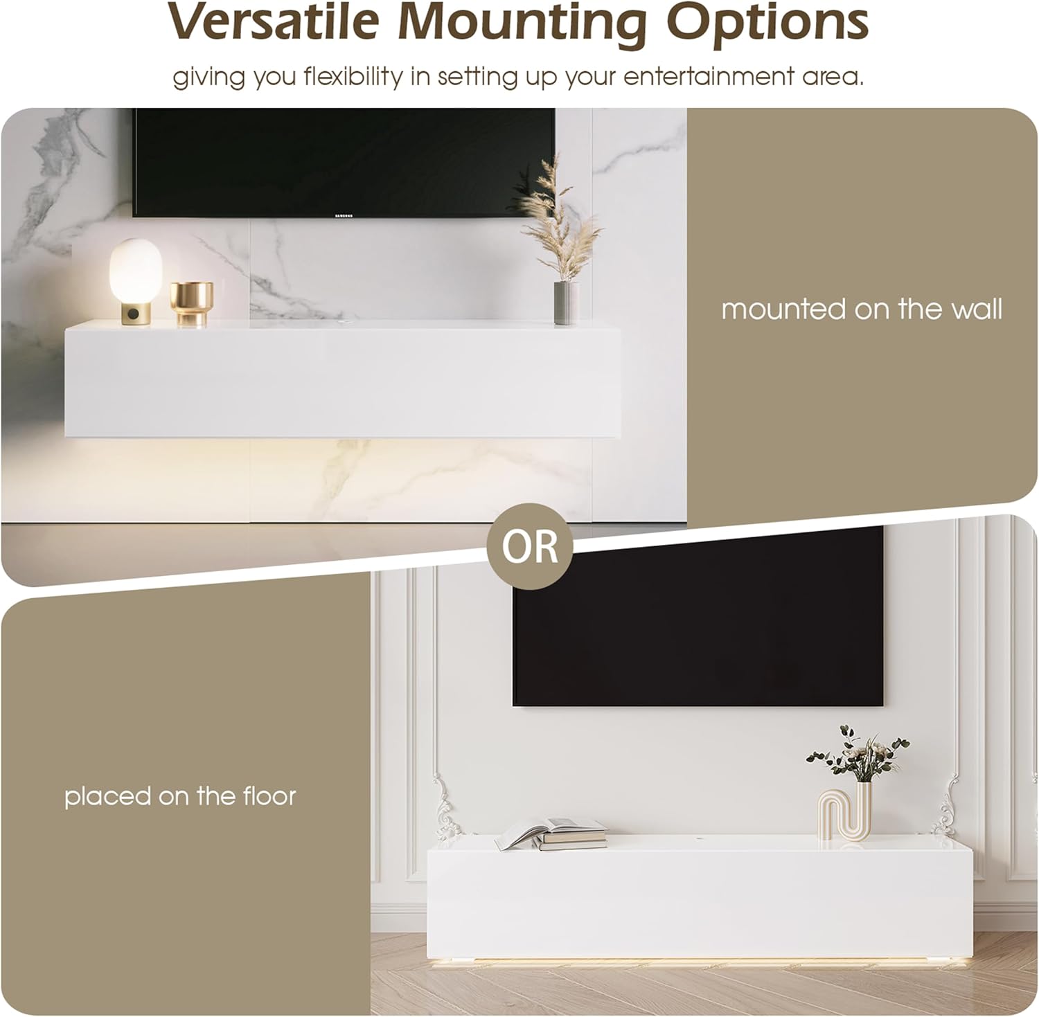 DMAITH Floating TV Stand with LED for 60 65 70in TV, White High Gloss Wall Mounted Modern Entertainment Center with Storage - Image 4