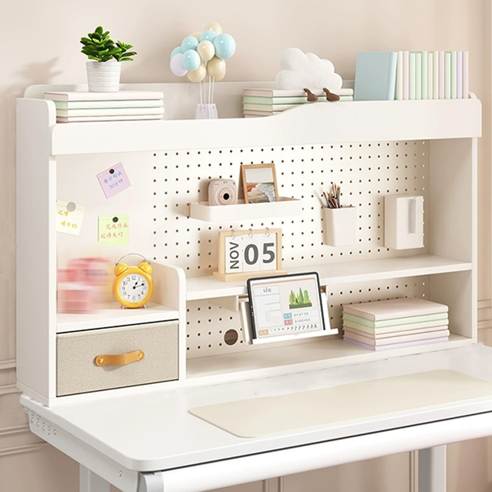 QTANZIQI Organizador de Escritorio de Madera Multicapa con cajones de Tela y Estante de Lectura, estantes de Almacenamiento de Escritorio Blancos para Dormitorio y Oficina (47 Pulgadas)