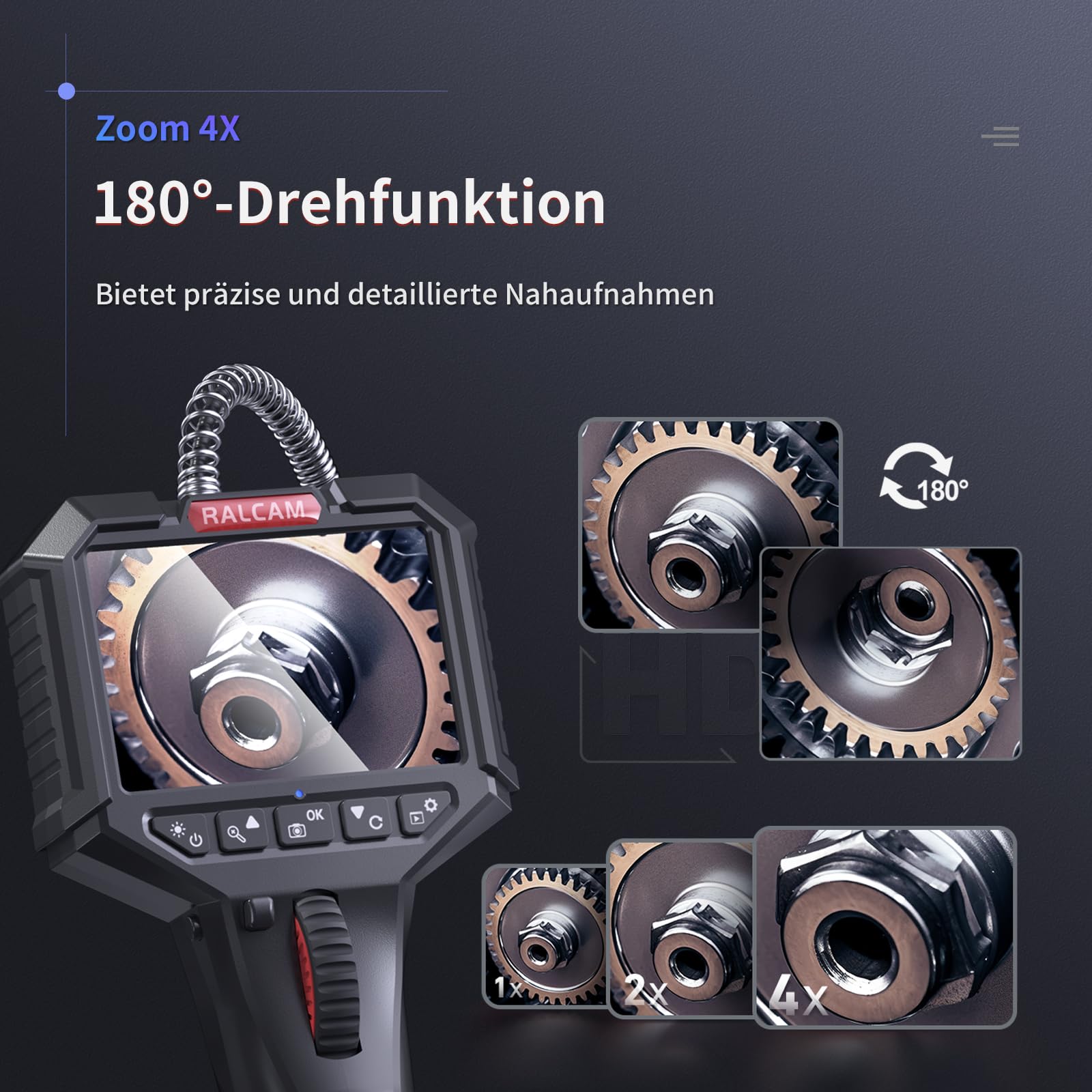 Ralcam Telecamera Endoscopica Rotante 210°, Schermo HD 3,5", Sonda 6,2mm Semi-Rigida Impermeabile per Ispezione di Motore, Veicoli e Tubi (Cavo 2m)
