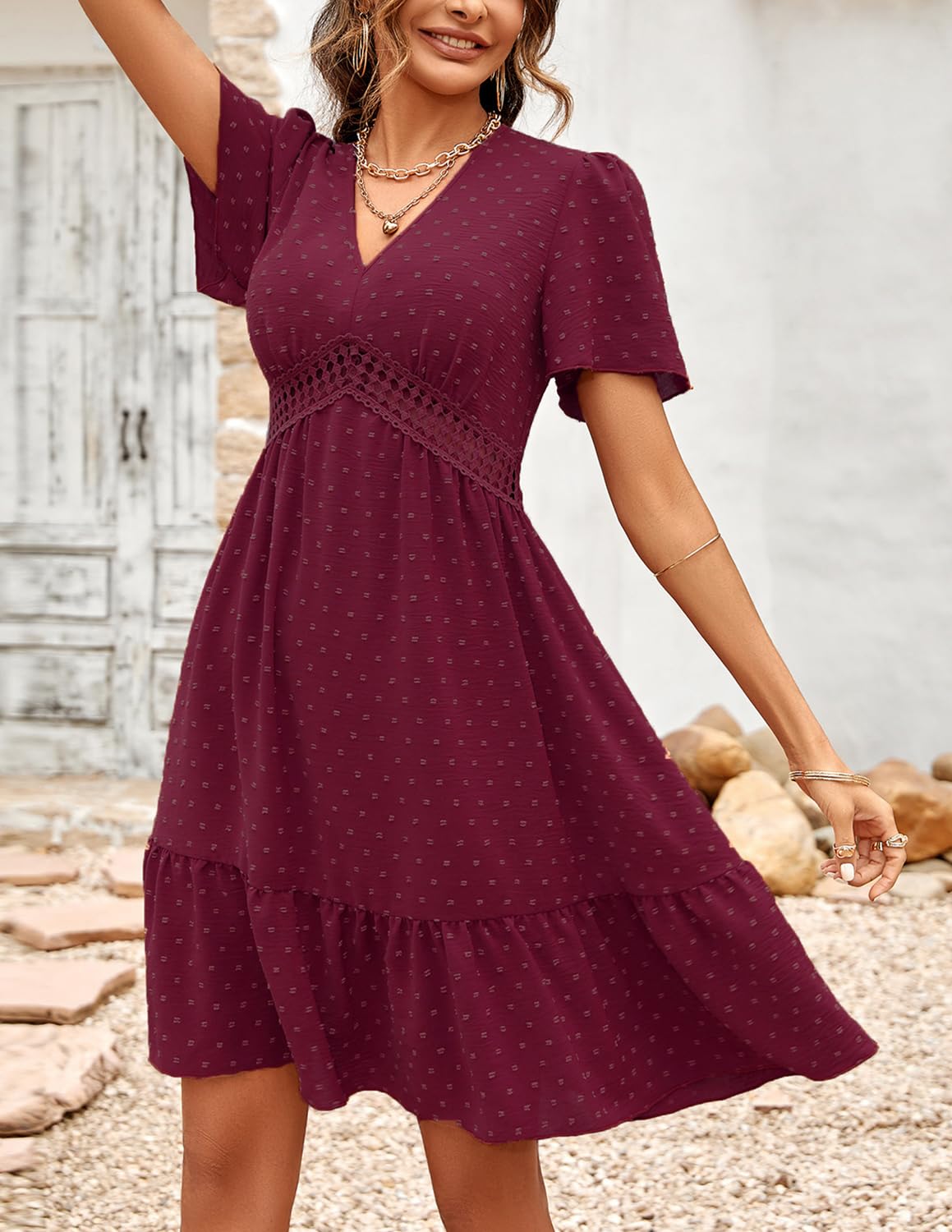 Donna Vestiti Scollo a V Elegante Manica Corta/Lunga Vita Alta Puntini Ruffles Mini Abiti