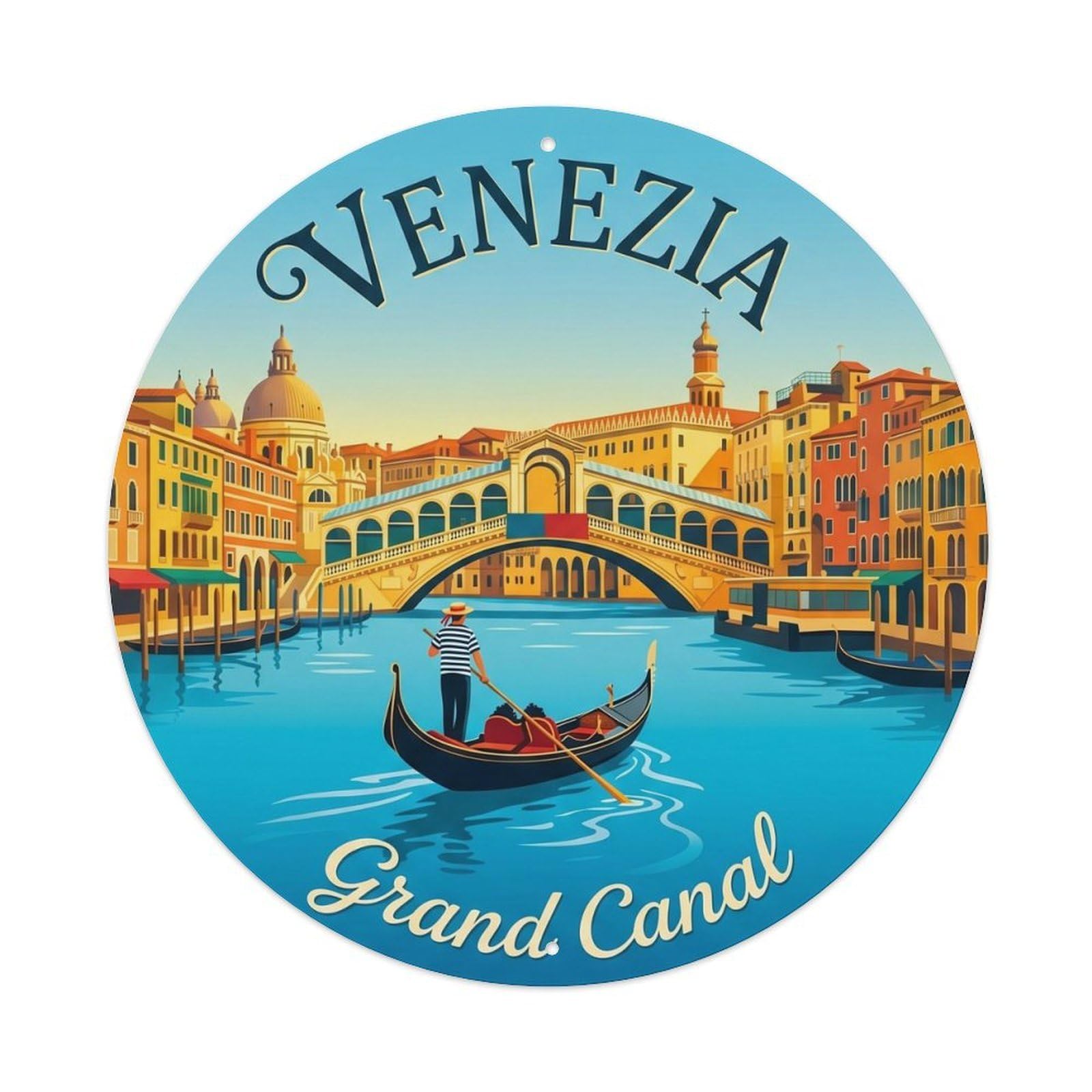 Vintage Travel Venice Canal Italy Metal Tin Sign Plaque Wall Decor for Cafe, Club, Garden Round Metal Poster 8x8Inch