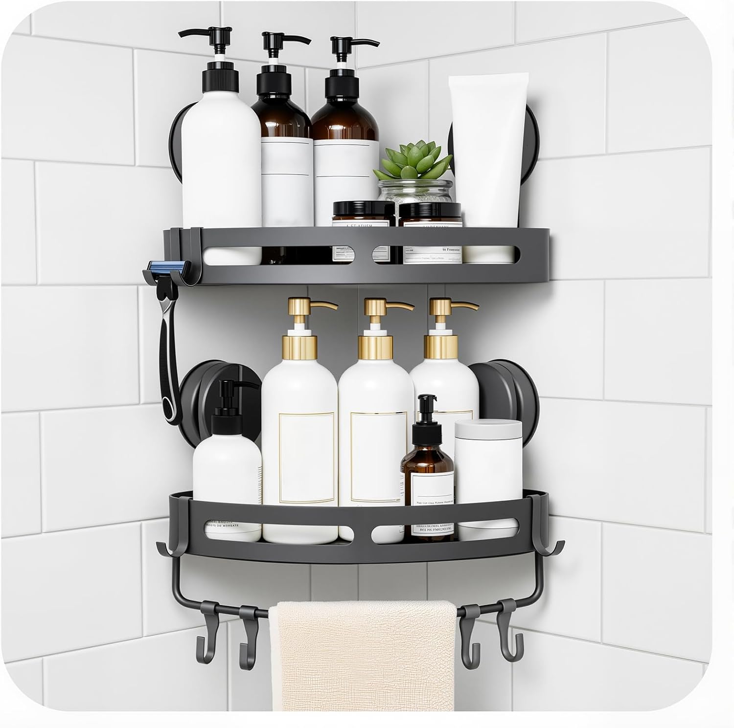 Corner Shower Caddy Suction Cup Shower Shelf Corner No Drilling Bathroom Shower Organizer Storage Rack Suction Cup Type with Towel Bar Hooks Shower Caddy Gray