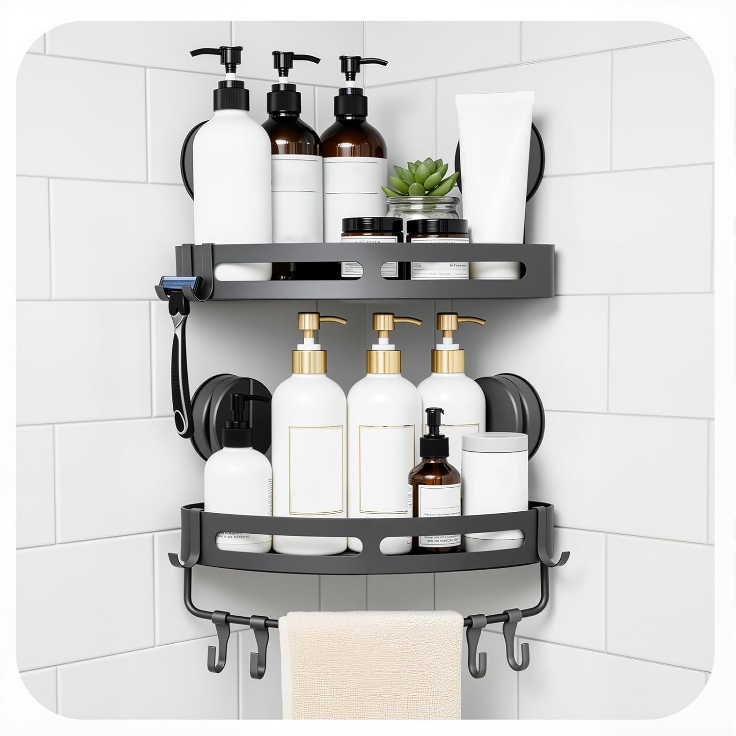 XXKMDXW Corner Shower Caddy Suction Cup Shower Shelf Corner No Drilling Bathroom Shower Organizer Storage Rack Suction Cup