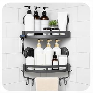 XXKMDXW Corner Shower Caddy Suction Cup Shower Shelf Corner No Drilling Bathroom Shower Organizer Storage Rack Suction Cup