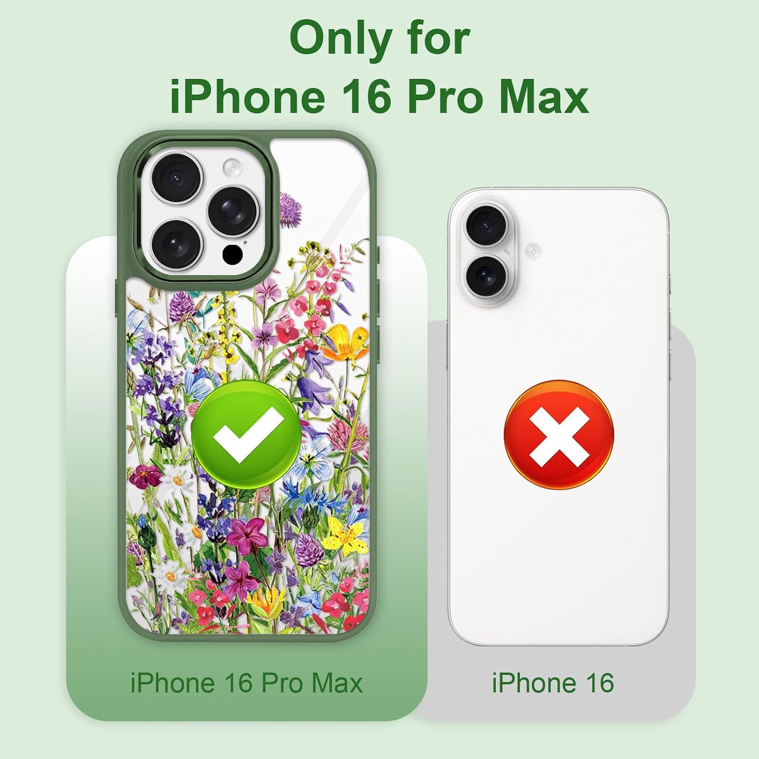 for iPhone 16 Pro MAX Case with Tempered Glass Screen Protector -Slim TPU & Hard PC Phone Cover, Crystal Clear Floral Pattern Design for Girls Women-Blossoms-Green