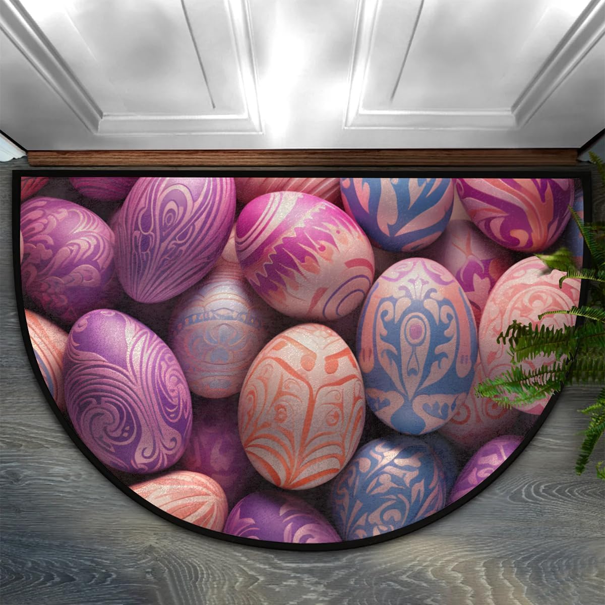 cfpolar Half Round Door Mat Watercolor Purple Easter Egg Non-Slip Semi Circle Area Rug Washable Half Moon Hearth Rugs for Indoor Outdoor Bathroom Kitchen Patio Runner Mat Laundry Room Home Decoration