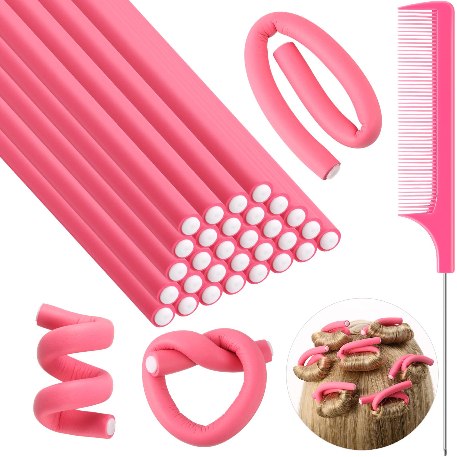 Syhood 30 Pieces Flexible Curling Rods Twist Hair Rollers Soft Foam Rods No Heat and 1 Pcs Steel Rat Tail Comb for Women Long and Short Hair(7 x 0.3