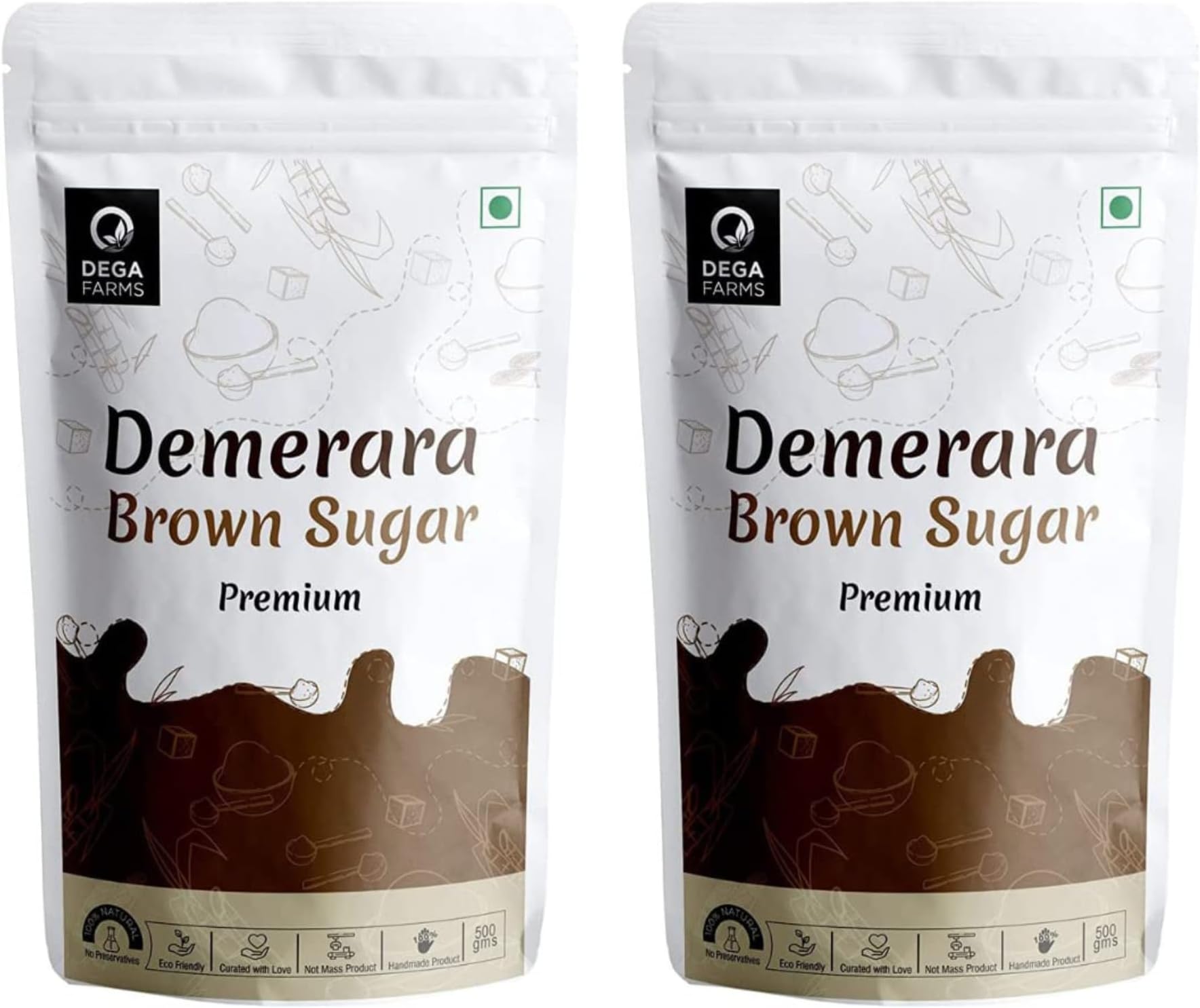 Demerara Sugar Organic Brown Sugar 500 Grams Each - Sedex Certified - Substitute of White Sugar with Multiple Health Benefits & Can Be Use As Scrub Also - 500 Grams Each - Pack of 2