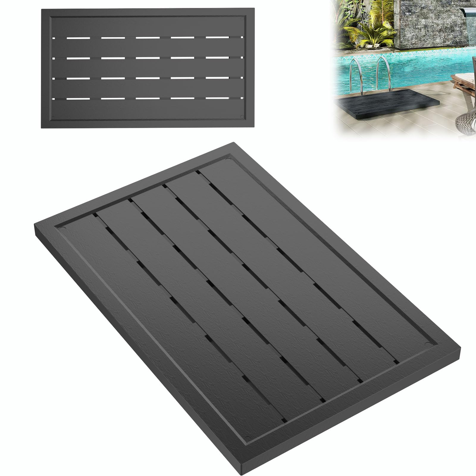 Aufun Elemento de Suelo WPC para Ducha Solar de Piscina, Escalera de Piscina o Piscina, Plato Base Antracita 105 x 63 x 5,5 cm, Incluye Material de Montaje (1 Unidades)