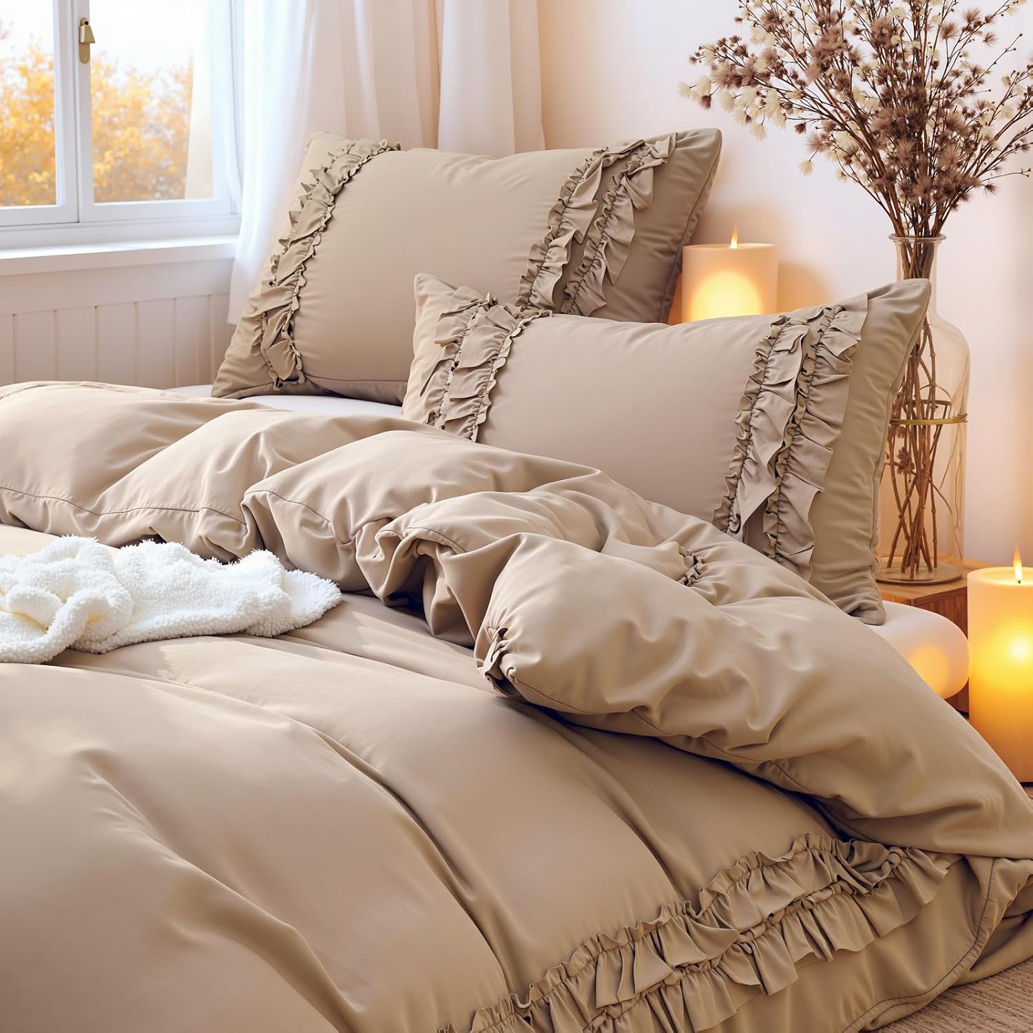 Merryword Taupe Ruffled Duvet Cover Set King, 100% Cotton Cute Lace Bedding Set Shabby Chic Farmhouse French Country Comforter Cover