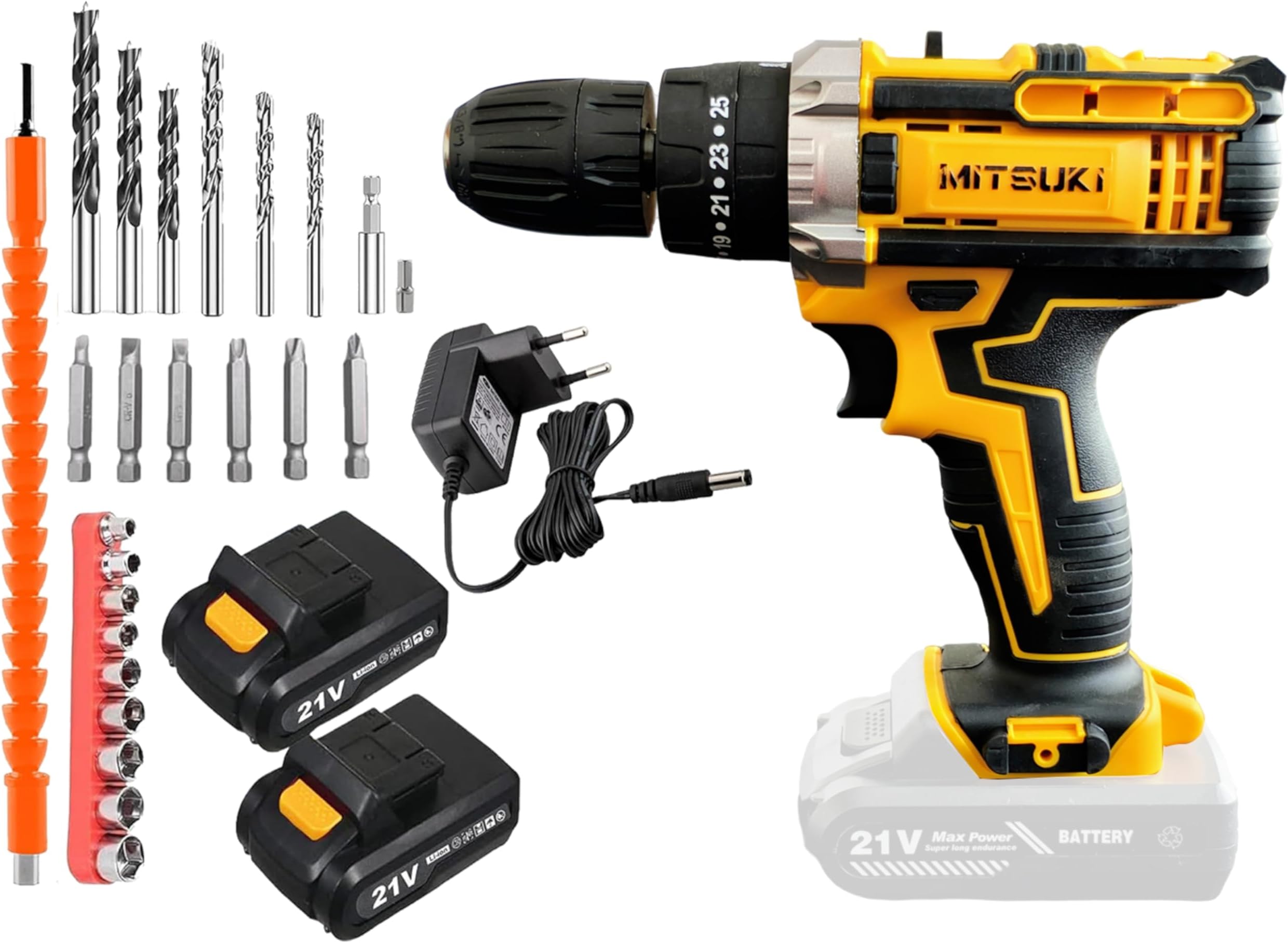 Mitsuki 21V Cordless Impact Drill | 10MM Chuck, Variable Speed, LED Light, 2 Batteries, Fast Charger, Case & 24Pcs Set – Perfect for Concrete, Wood, Metal Drilling, & Torque Screw | MI57