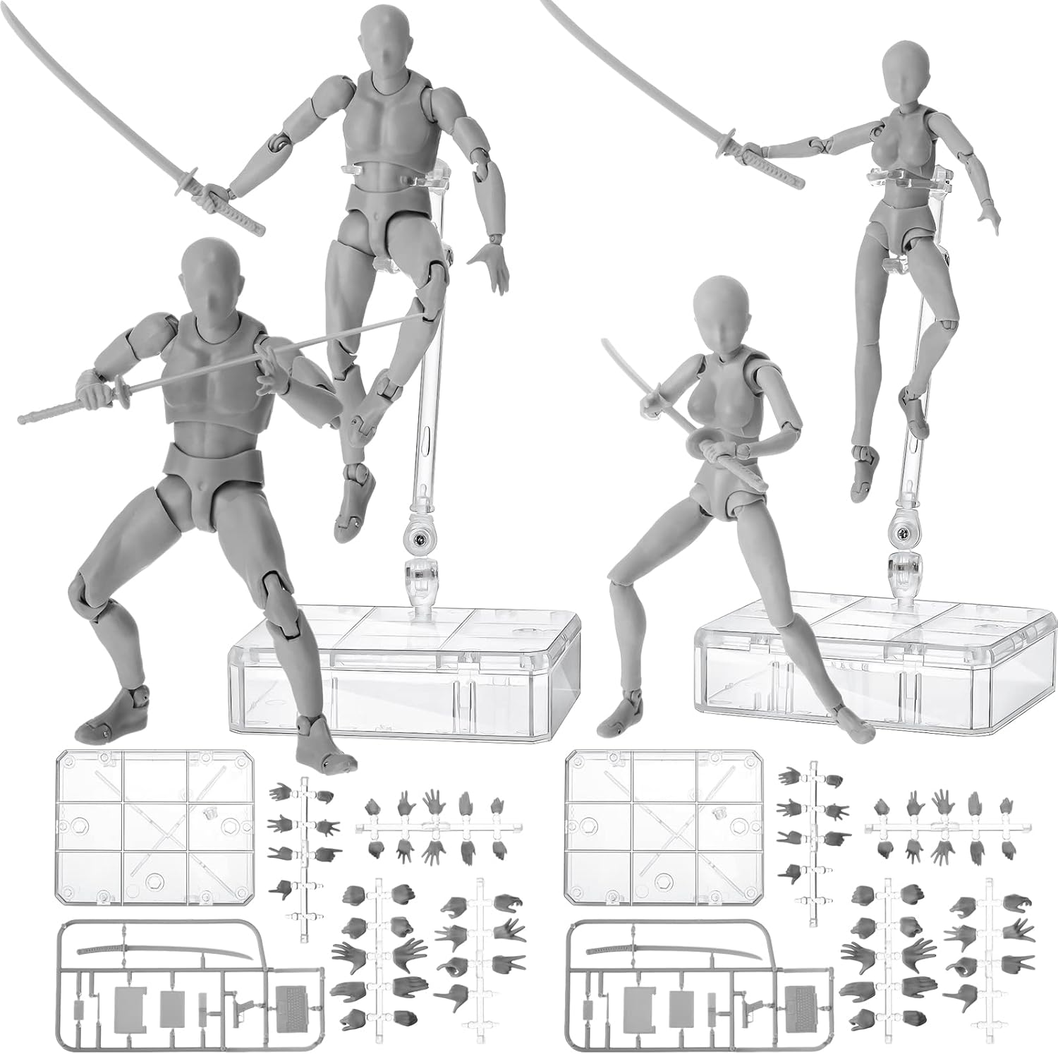 Meooeck 4 Sets Action Figures PVC Body Artists Model posable Drawing Mannequin for Painting, Sketching, Collection Gifts, Home Office Desk Decoration(Gray)