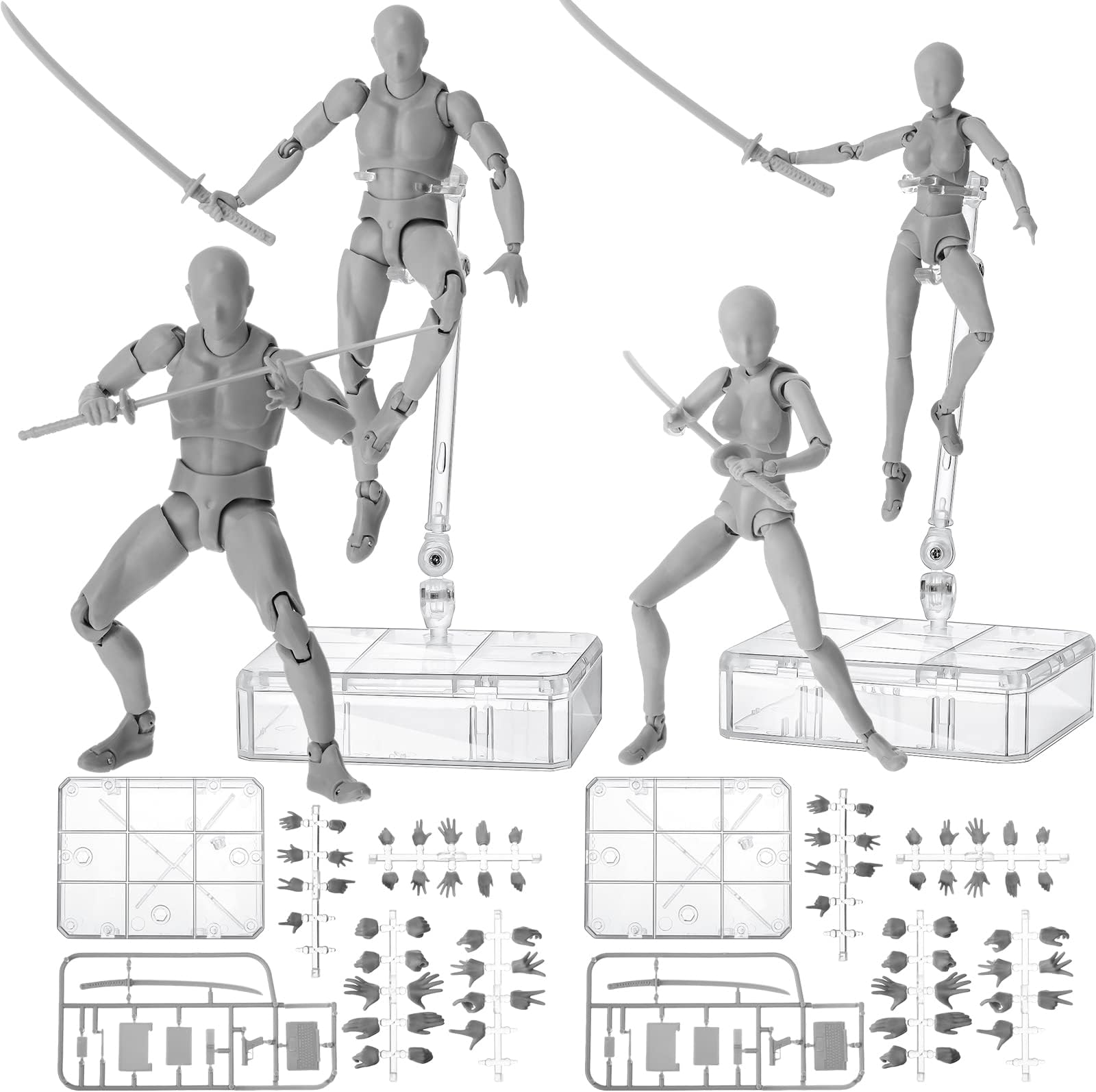 Meooeck 4 Sets Action Figures PVC Body Artists Model posable Drawing Mannequin for Painting, Sketching, Collection Gifts, Home Office Desk Decoration(Gray)