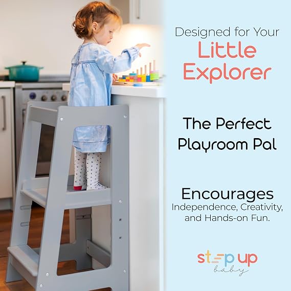 Toddler Tower 3-Level Adjustable Wooden Toddler Step Stool Grey