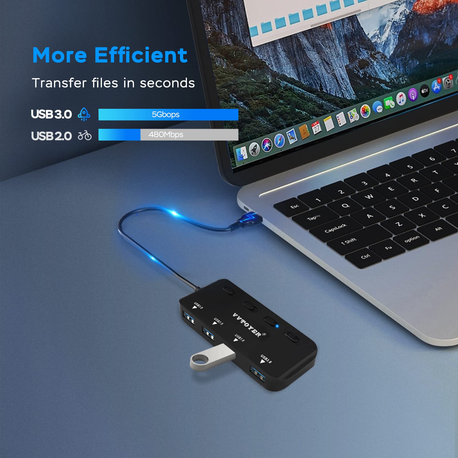 Adapter do koncentratora USB 3.0, 4 porty USB Extender Hub do laptopa, adapter wielu portów USB z indywidualnymi przełącznikami zasilania