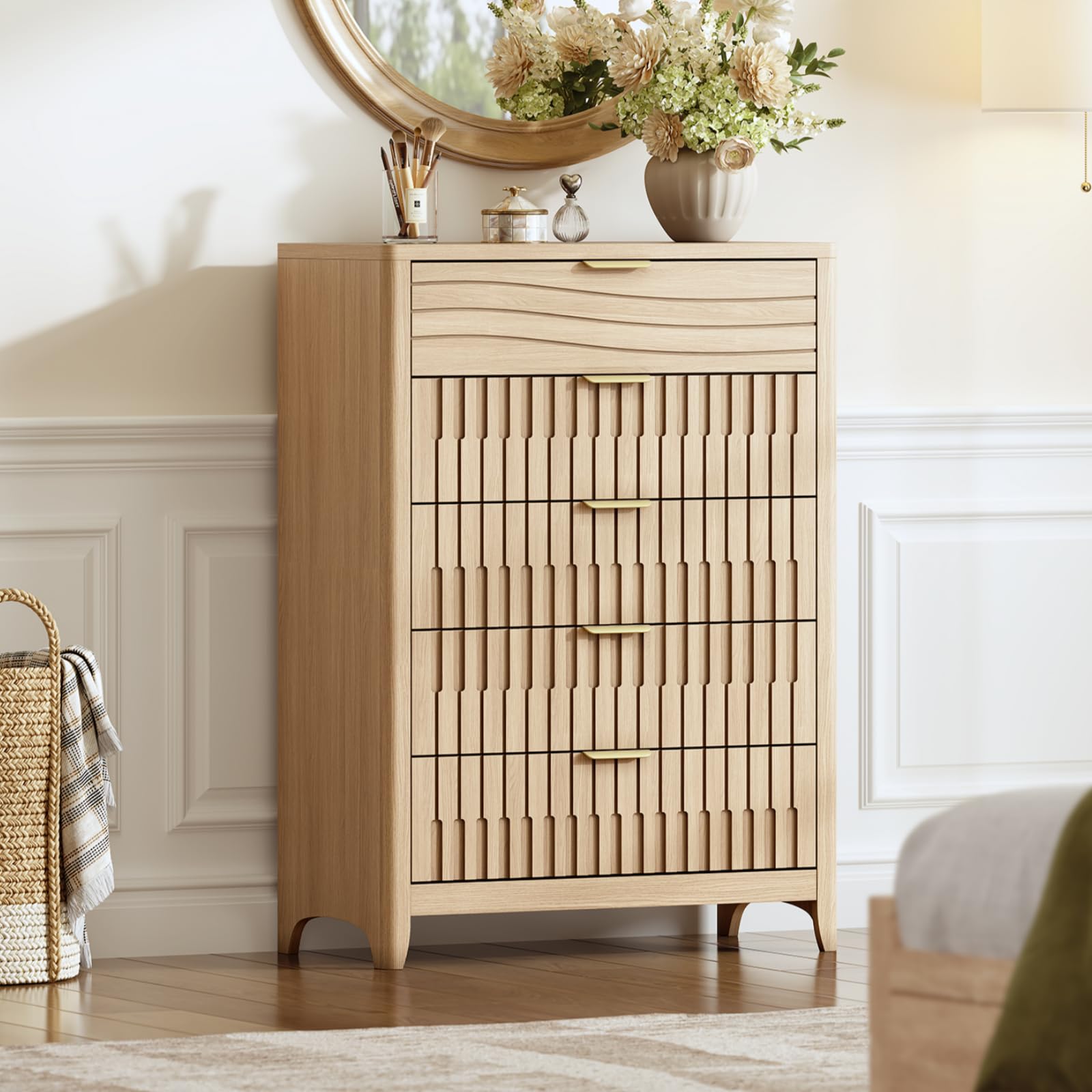 PIXOURA Fluted 5 Drawers Dresser for Bedroom, 44'' Tall Wooden Chest of Drawers with Metal Handles, Modern Dresser TV Stand, Wood Clothing Storage Organizer for Living Room, Entryway, Natural Oak