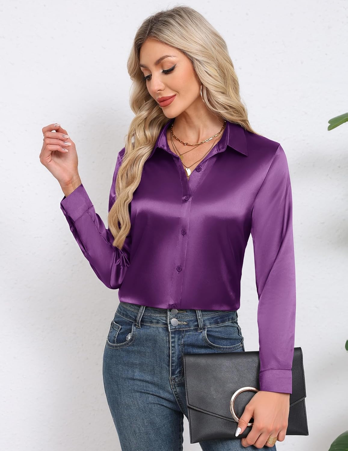 HOTOUCH Button Down Shirts for Women Satin Silk Collared Dressy Casual Blouses Loose Long Sleeve Office Work Tops - Image 3