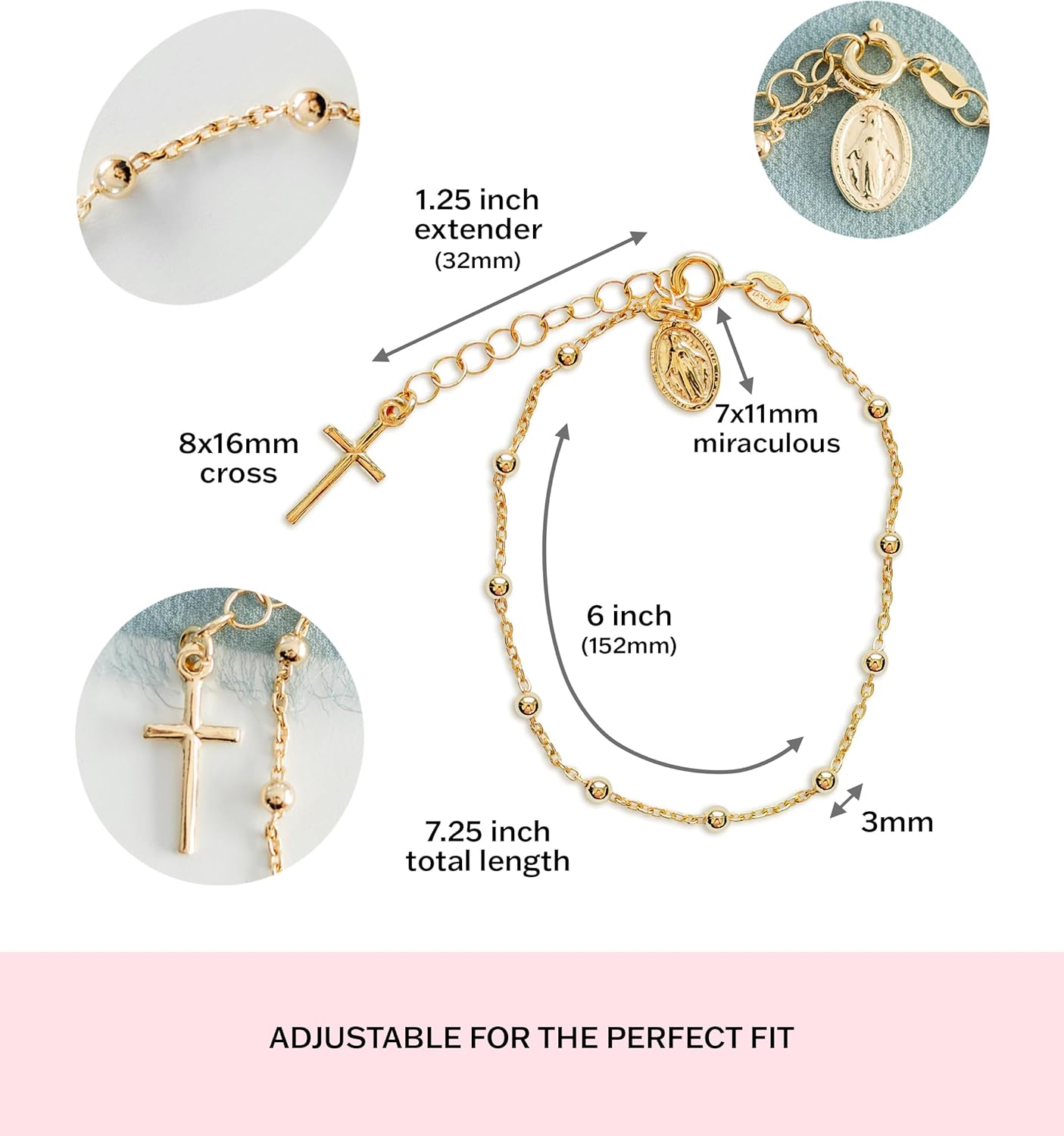 Cherished Moments 14K Gold-Plated Rosary Bracelet First Communion or Confirmation Gift for Girls with Miraculous Medal and Cross Charm