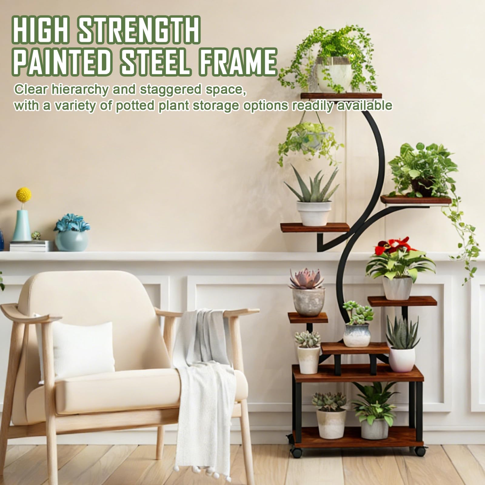 Support Plantes Interieur avec Roulettes, Porte Plante Intérieur Avec lampes de croissance, pour jardin, balcon, bureau