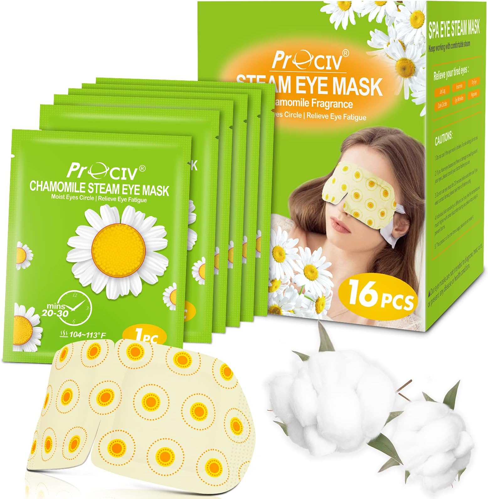 ProCIV 16 Packs Steam Eye Mask Warming Eye Mask Self Heating Eye Mask Sleep Mask Heated Eye Mask for Dry Eyes Fatigue Disposable Eye Mask Great Gifts for Men Women(Chamomile)