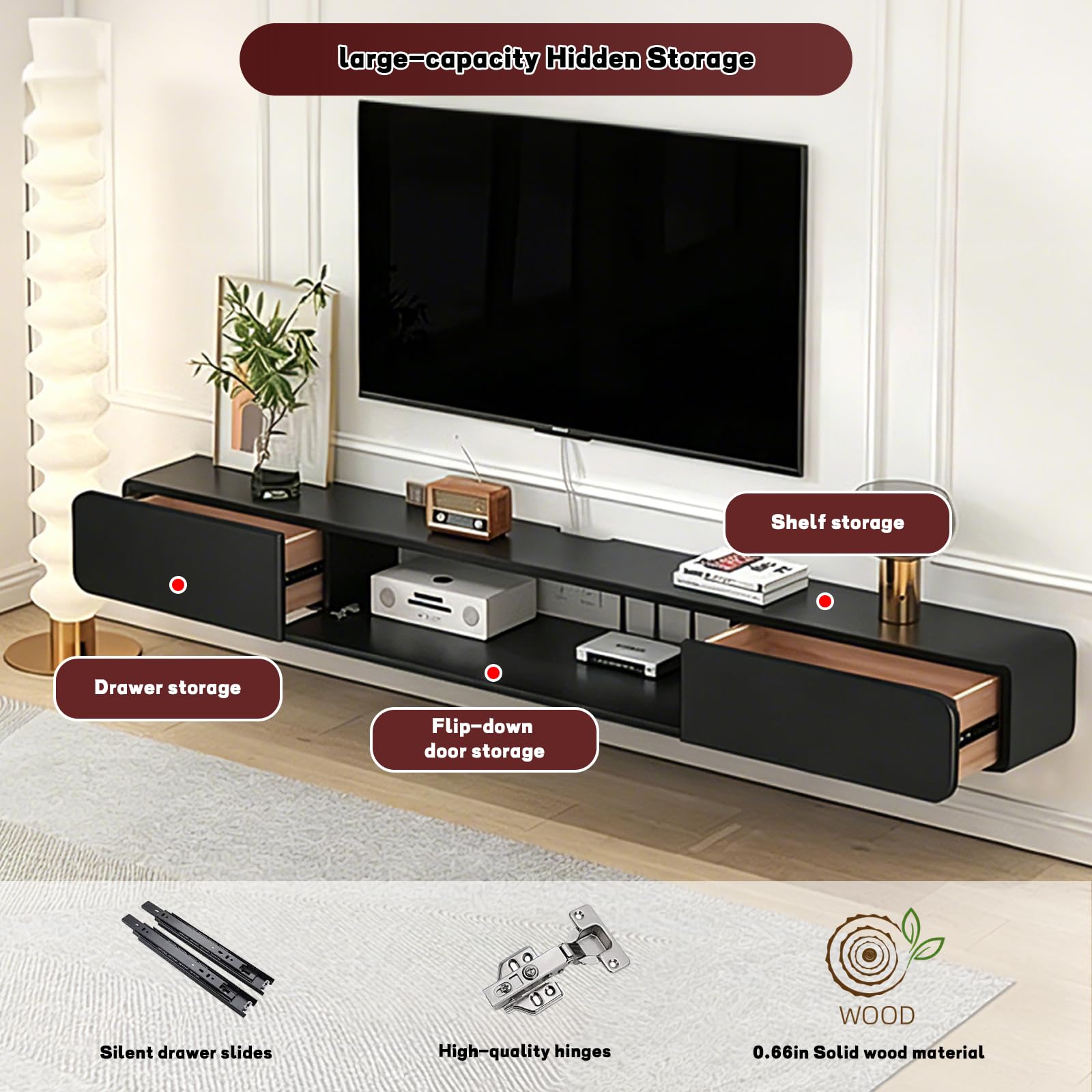 Tv Lowboard Hängend mit Schublade 140 cm lang für Wohnzimmer Schwarz