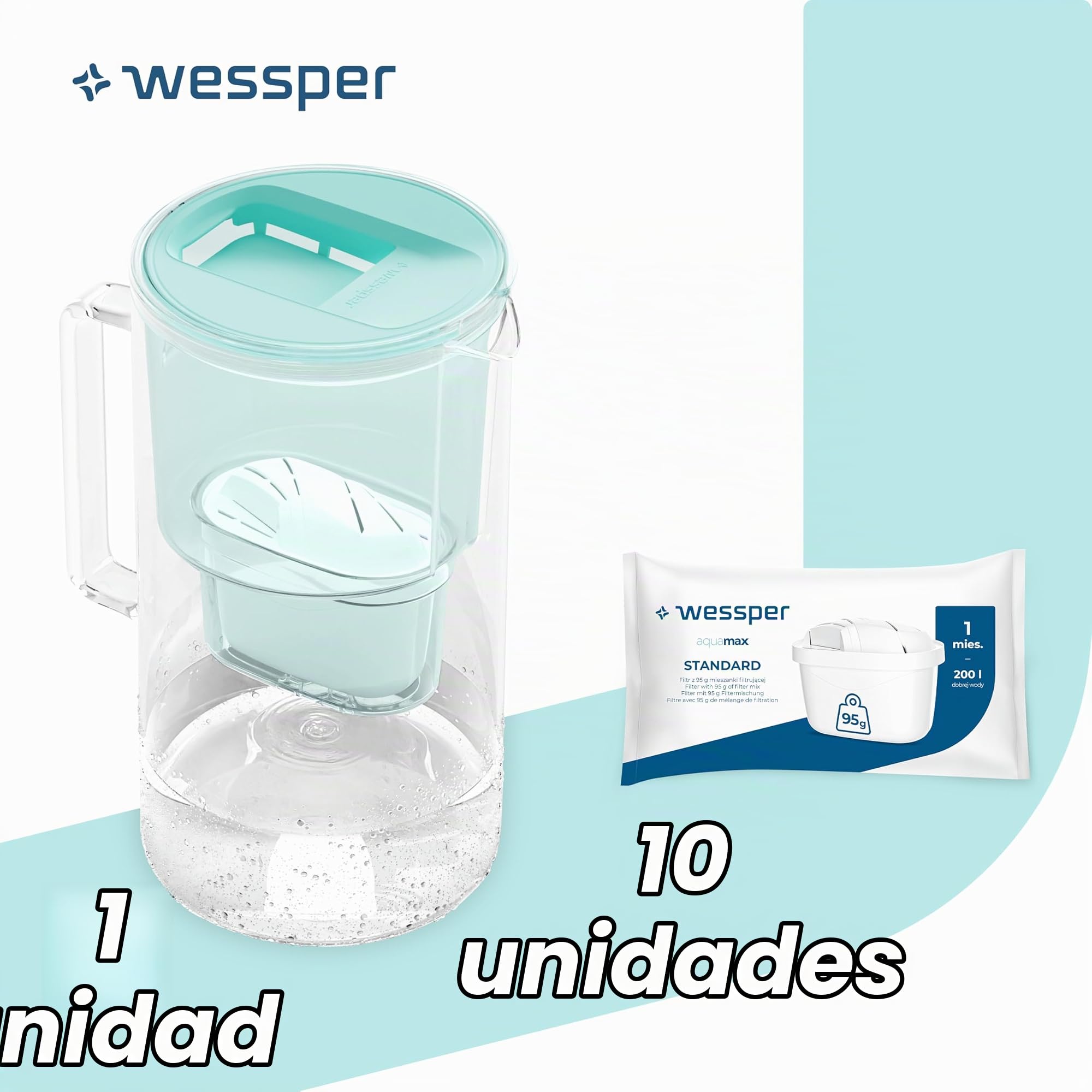 Wessper Jarra Filtradora, 3 Litros, set Agua Cristal y 10 Filtro de Agua, Compatible con Brita Maxtra, Jarra Filtrante de Agua con Filtro de Carbón Activado - Menta