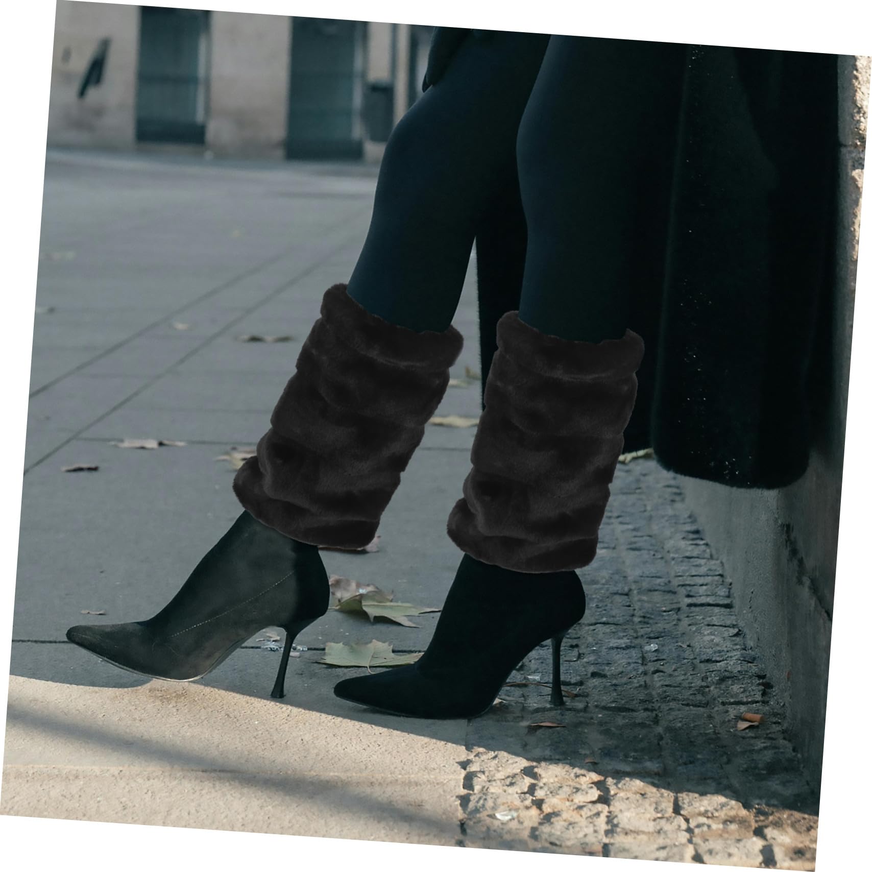 Abaodam Calentadores de Piernas para Mujer 30cm 1 Par Piel Sintética Negro