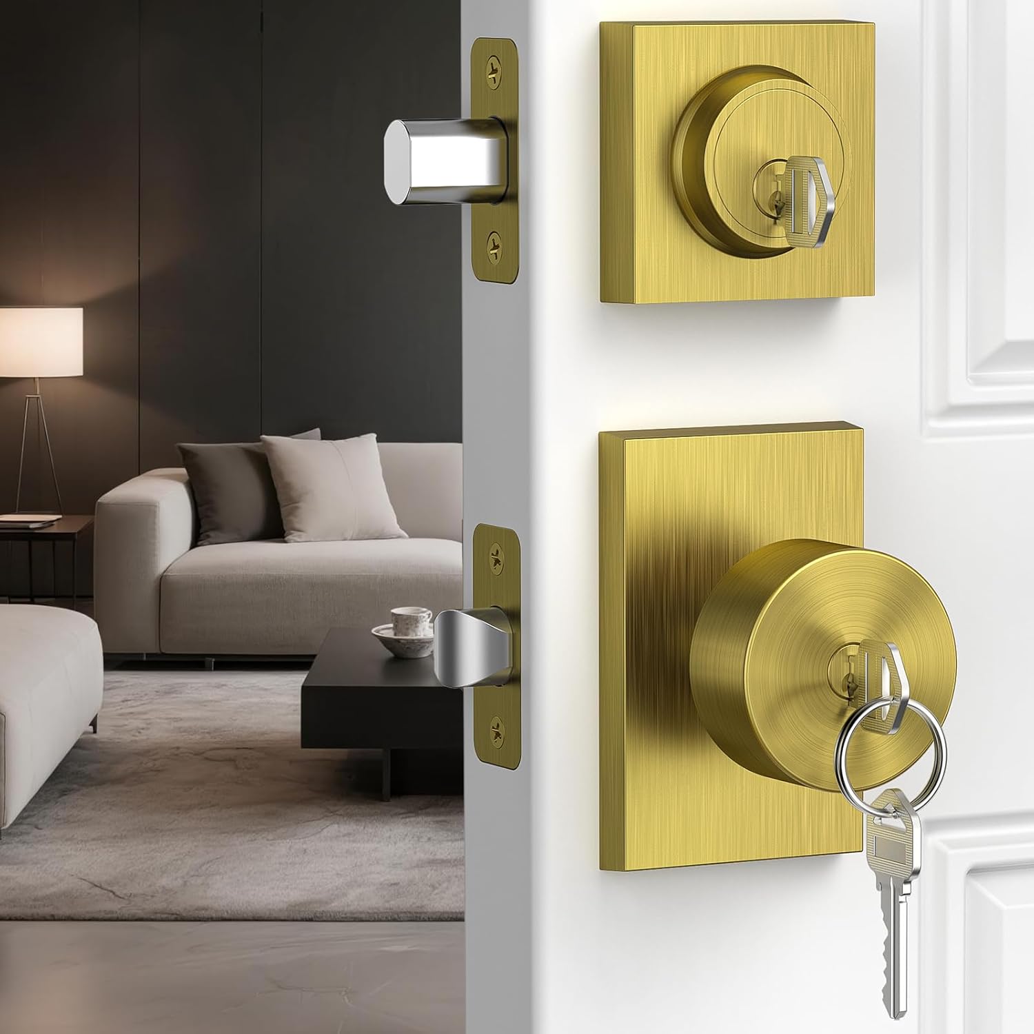 Exterior Door Knob and Deadbolt Set, Antique Brass Front Door Lock Set Exterior, Keyed Alike Entry Door Knob for Right and Left Sided Door, Double Lock