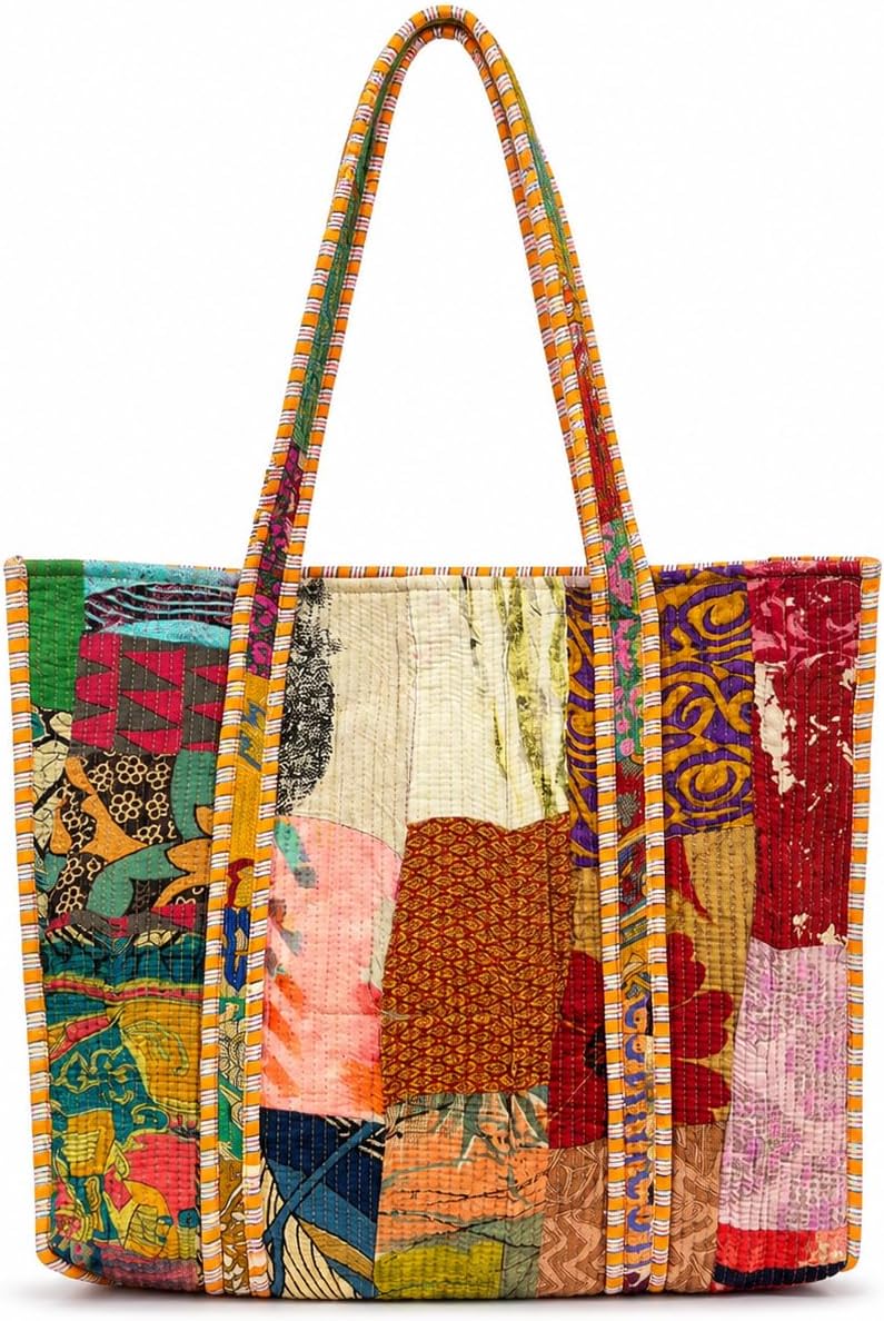 Handmade Kantha Patchwork Tote Bag for Women - Vintage Cotton Quilted Shoulder Bag | Large Boho Travel Handbag, Colorful Multi-Pocket Utility Grocery Purse