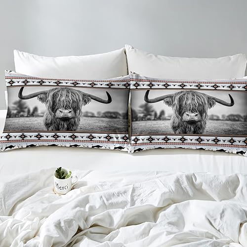 Miniatura 4 de Juego de sábanas de vaca de las tierras altas de Longhorn Bull Southwestern Native Azteca sábana bajera de animales de granja exóticos estilo