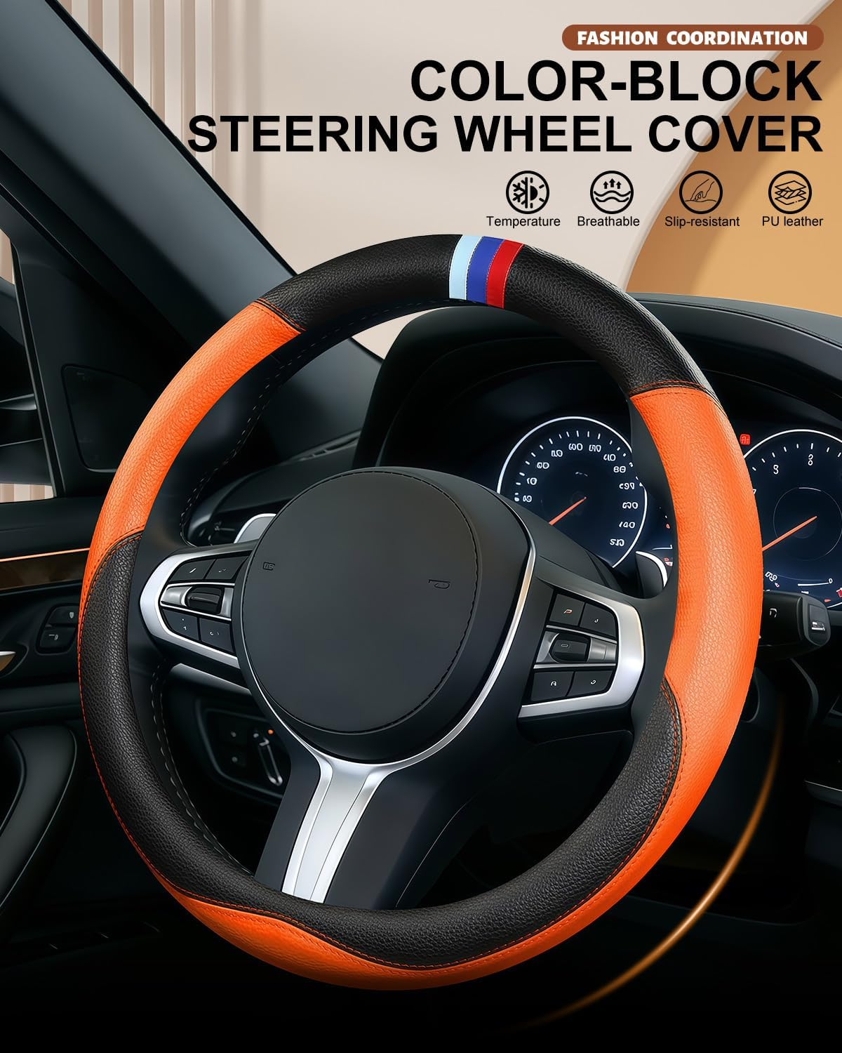 Steering Wheel Cover Customized Fit for BMW X1 X2 X3 X4 X5 X6 X7, i3 i4 i5 535i 740Li 335i, M3 M4 M5, Z1 Z3 Z4 Z5 (Orange)