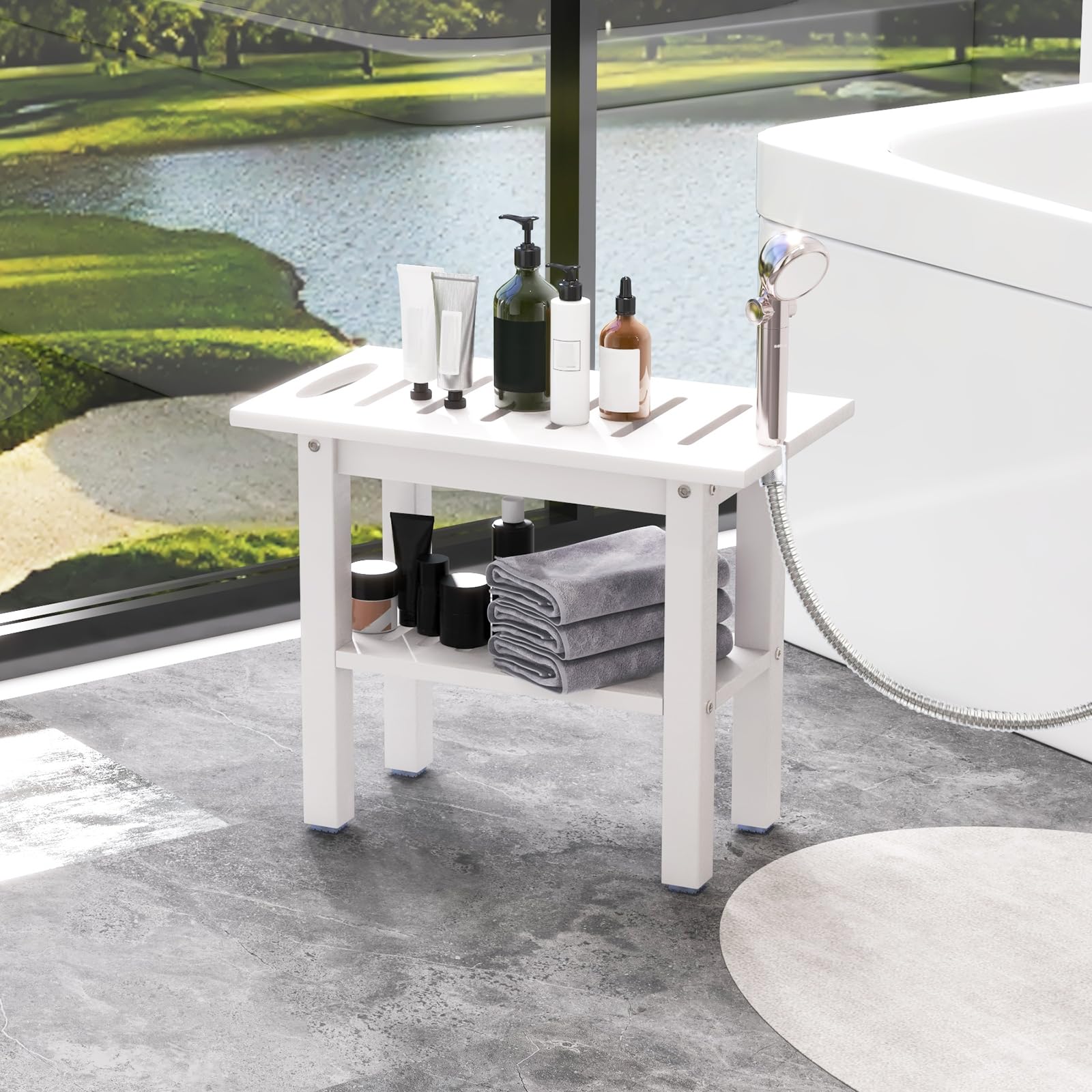 COSTWAY Taburete de Ducha, Banco de Ducha Impermeable de Baño con Estante de Almacenamiento de Madera, Asiento Bañera Adulto para Ducha para Uso en Interiores y Exteriores