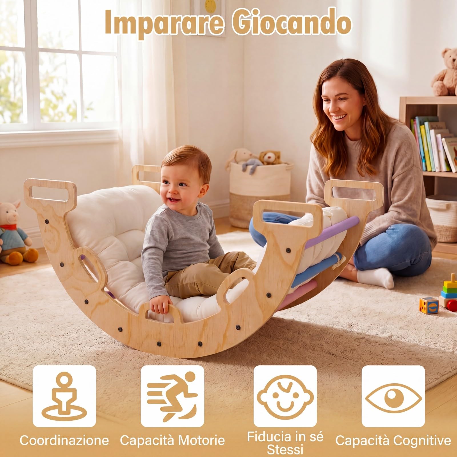 COSTWAY Arco da Arrampicata Bambini, Giocattolo da Arrampicata Versatile in Legno Massello, Cuscino Morbido, Altalena ad Arco Educativa con 10 Maniglie per Bambini 3+ Anni (Multicolore)