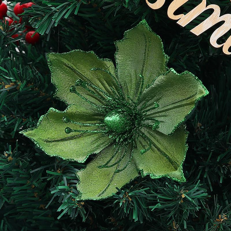 10 Pack Christmas Magnolia Flowers Glitter Christmas Artificial Magnolia Flowers with Stems Artificial Poinsettia Flowers Christmas Tree Floral Ornaments for Xmas Tree Party Home Decorations (Green)