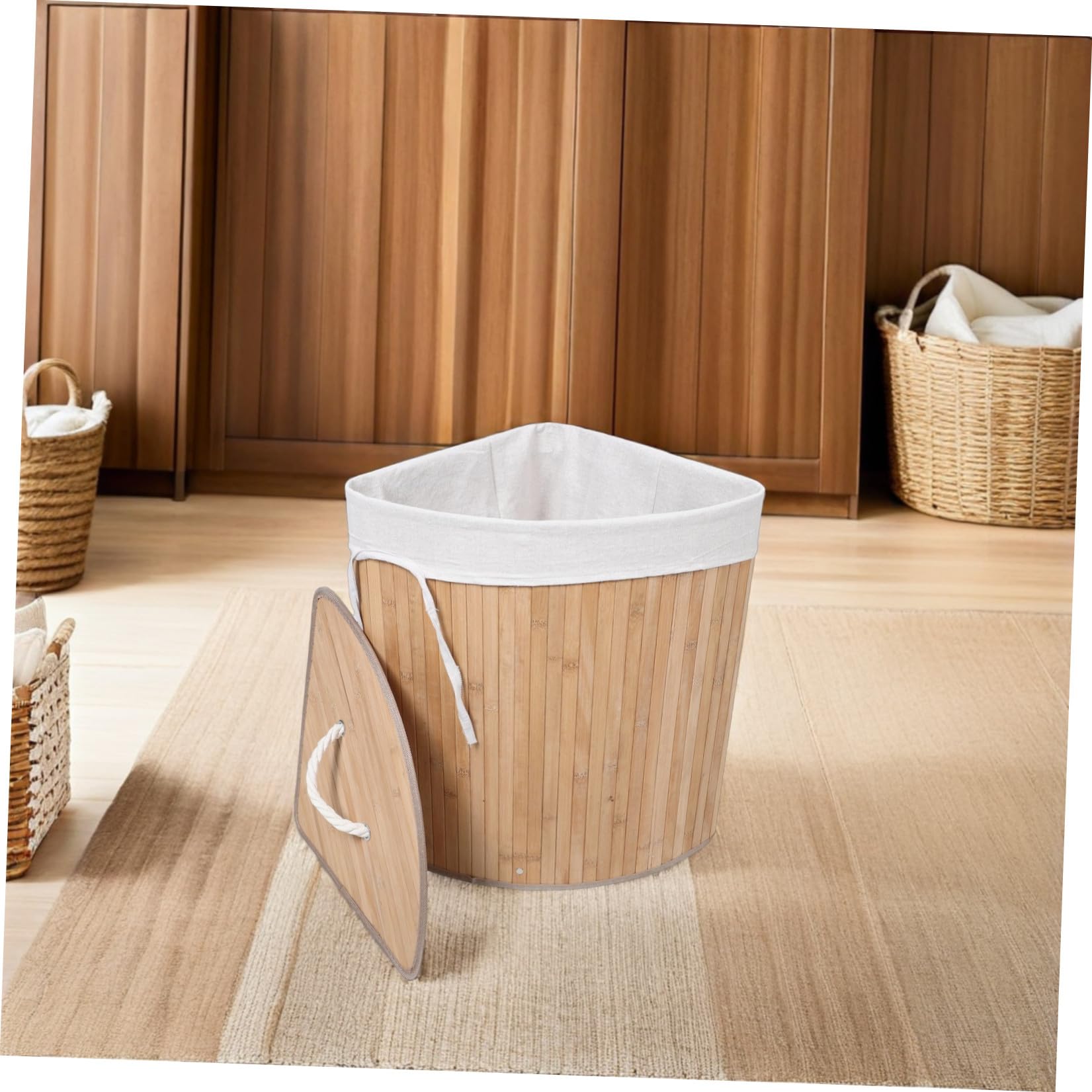 Beaupretty Cesto Porta Biancheria Triangolare con Coperchio per Angolo Materiale Naturale Dimensioni per Organizzare gli Spazi in Casa