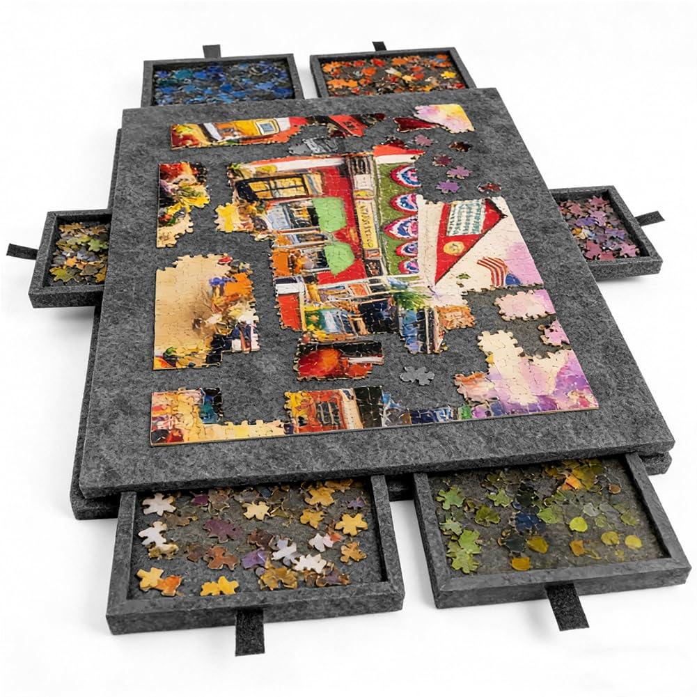 Tableau pliant pour puzzle de 1000 pièces avec 6 tiroirs - Plateau portable pour puzzle avec support 2-en-1 et couvercle, super léger en feutre pour puzzle pour adultes, utilisable pour 500, 1500