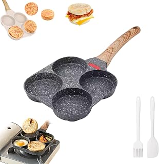 Non-stick Egg Frying Pan, 4 Holes Skillet with Handle, Multifunctional, Wooden Handle Medical Stone Omelet Non-stick Cookware Frying Pan for Gas Stove & Induction Cookware (black)