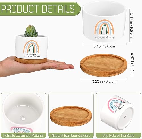 Vista 2 de Sieral 6 macetas de cerámica con bandeja de bambú para suculentas, regalo de agradecimiento, para compañeros de trabajo, empleados, veterinarios