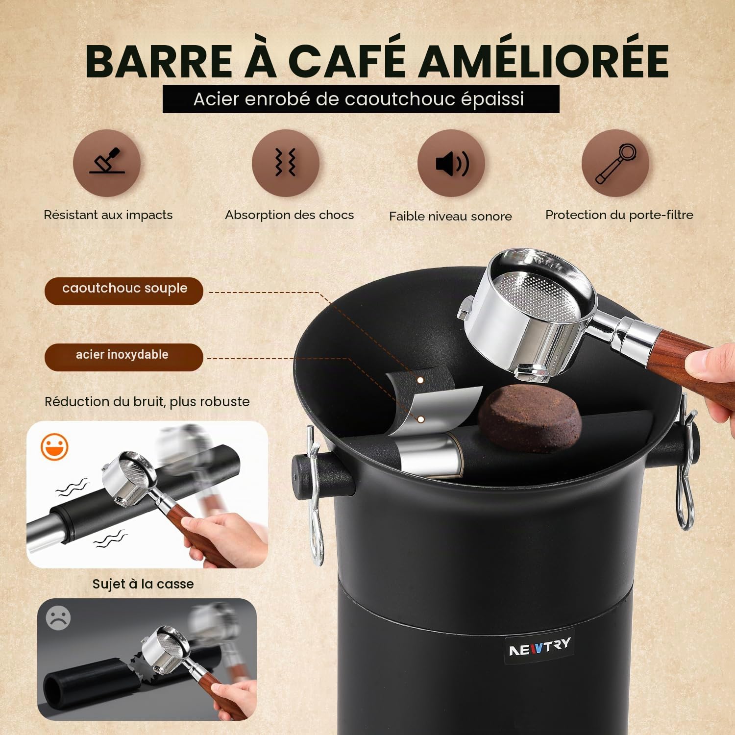 NEWTRY Boîte à Café Commercial, Bac à Marre de Café Expresso - Grande capacité - 19 l - Accessoires pour Barista, Café, Bar avec 30 sacs poubelle, serviettes et brosses de nettoyage