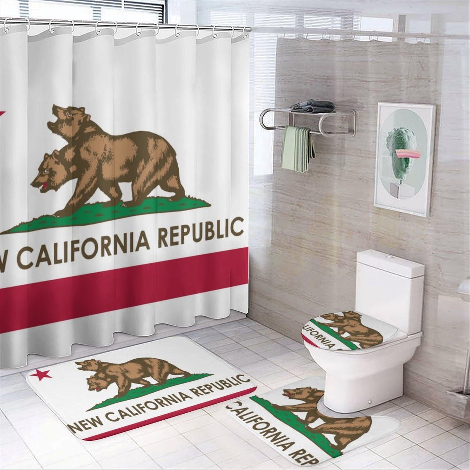 CGSBNGHA Flag of New California Republic Shower Curtain Set 4 Piece Bathroom Sets with Rugs Toilet Lid Cover And U-Shaped Floor Mat