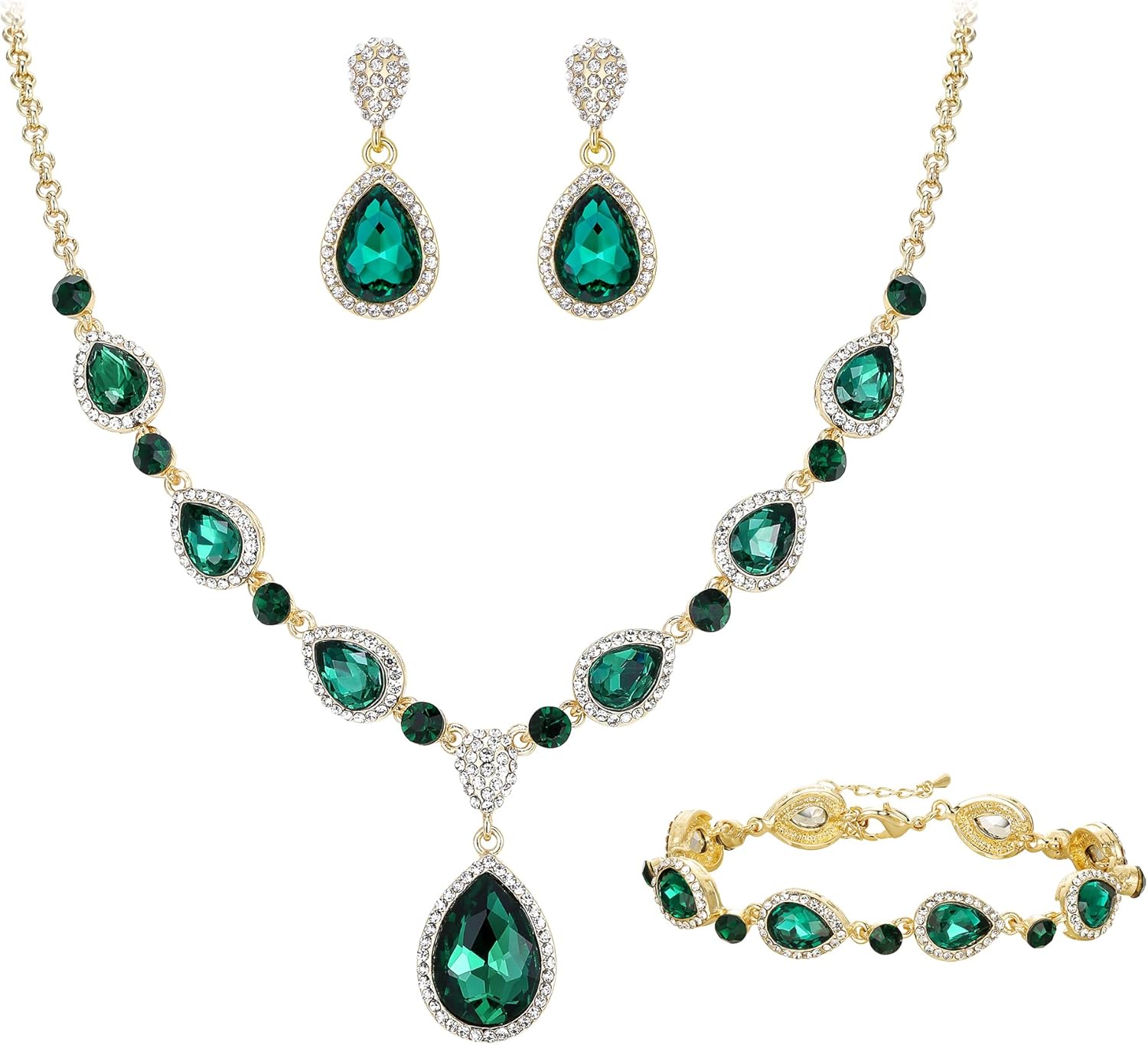 EleQueen Women's Wedding Bridal Jewelry Set for Brides Bridesmaids, Rhinestone Crystal Teardrop Necklace Earrings Bracelet for Party Prom