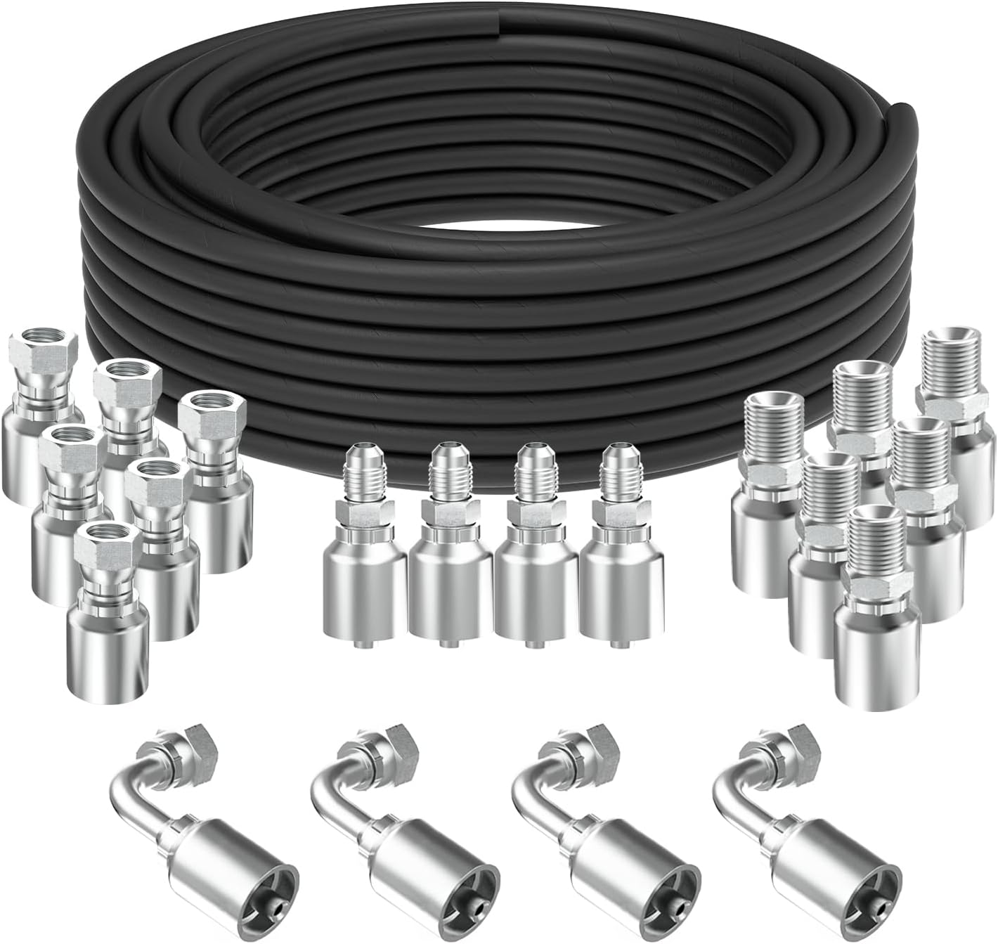 50 Ft 1/4 inch Hydraulic Hose with 20PCS 1/4" JIC 37° Female & Male & Female 90° Elbow & NPTF Male Hydraulic Hose Fittings, Hydraulic Oil Flexible Hose -20℃ to 140℃ W.P.60Mpa/8700Psi
