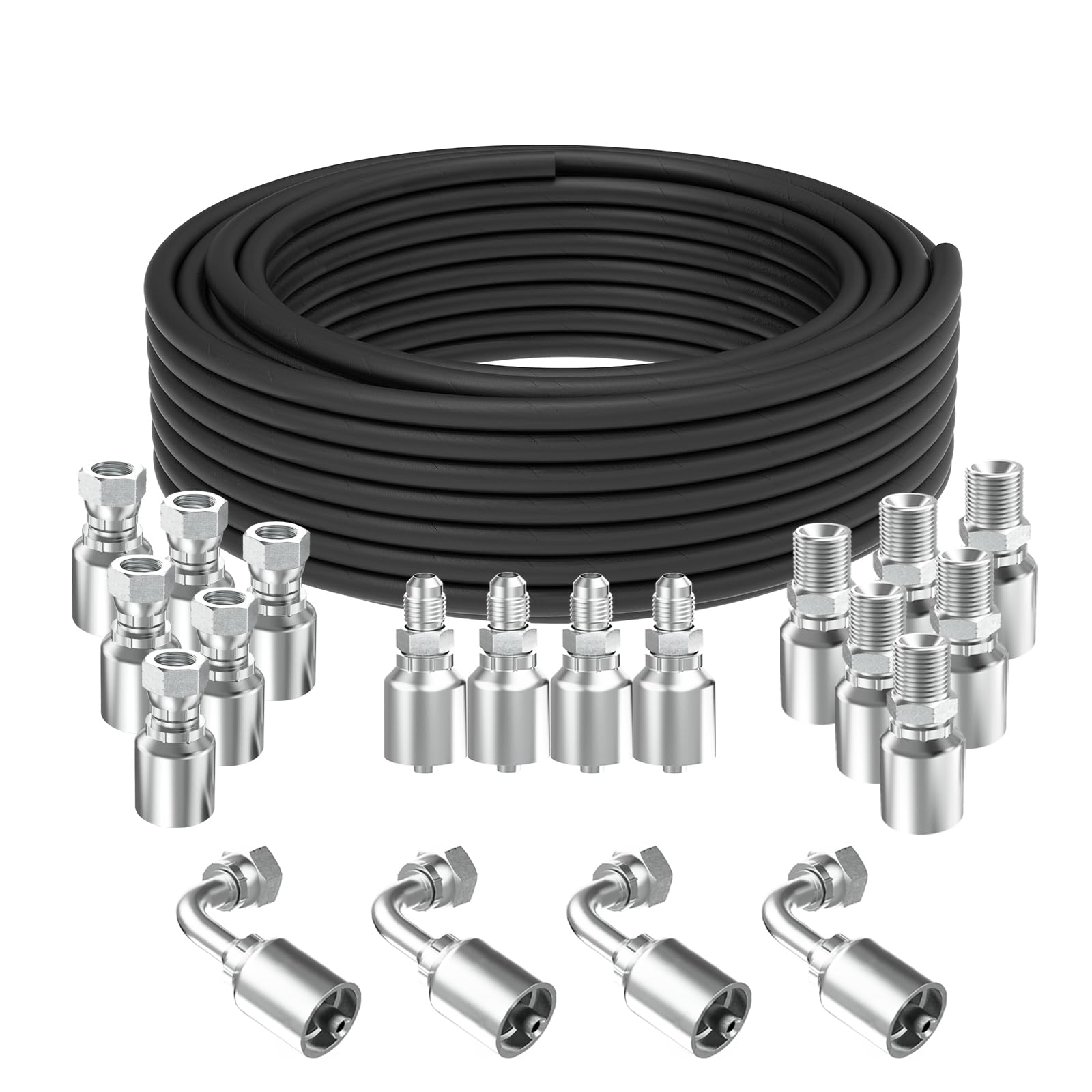 50 Ft 1/4 inch Hydraulic Hose with 20PCS 1/4" JIC 37° Female & Male & Female 90° Elbow & NPTF Male Hydraulic Hose Fittings, Hydraulic Oil Flexible