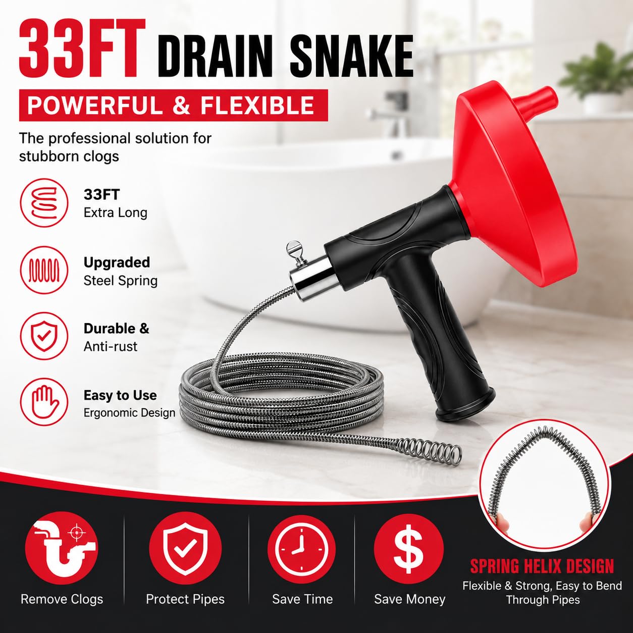 Tarière serpent de plomberie de 10 m, outil de débouchage de canalisation, outil de débouchage d'évier, outil de nettoyage de canalisations pour salle de bain, cuisine, baignoire, douche avec gants
