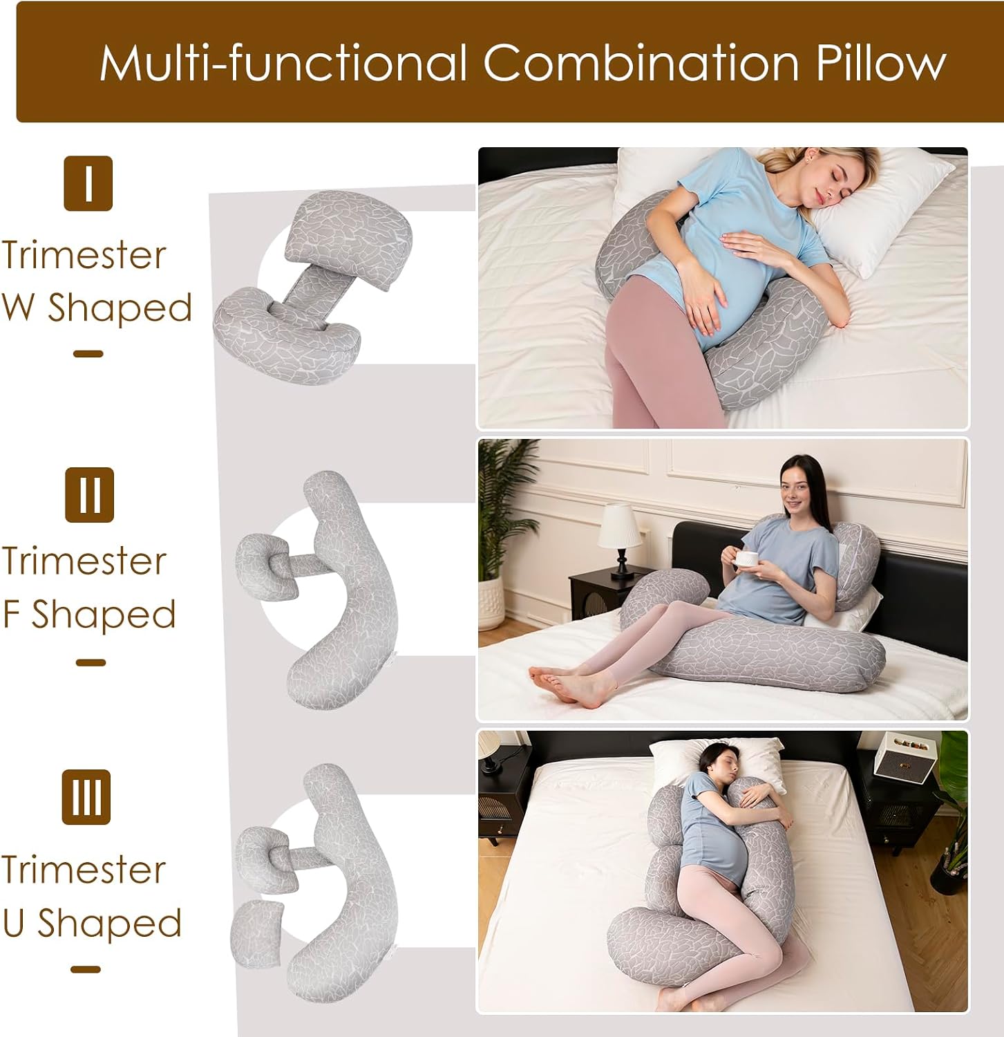 Chilling Home Pregnancy Pillow, F Shaped Maternity Pillow, Adjustable Pregnancy Wedge Pillow with Full Body Support for Back, Belly, Hips, Legs, Pregnant Pillows for Side Sleeping with Cooling Cover