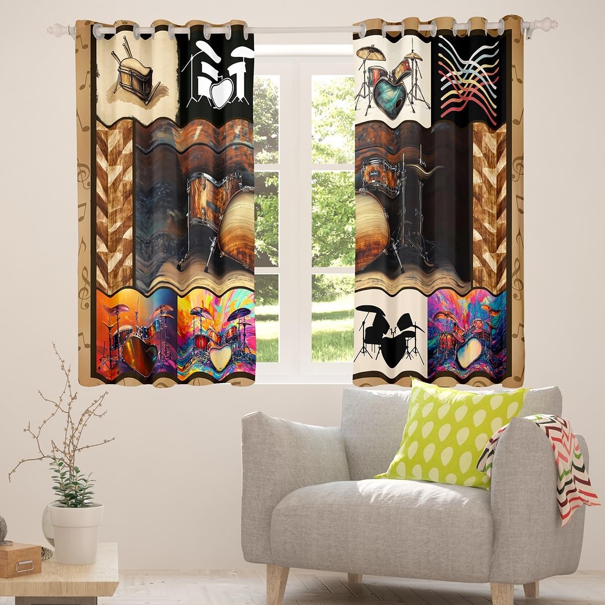 Castle Fairy Vintage Drum Kit Window Curtains Musical Instruments Curtain Rock Roll Music Lover Window Drapes for Kid Teens Boys Young Man Retro Country Style Bedroom Decorative,42Wx90L